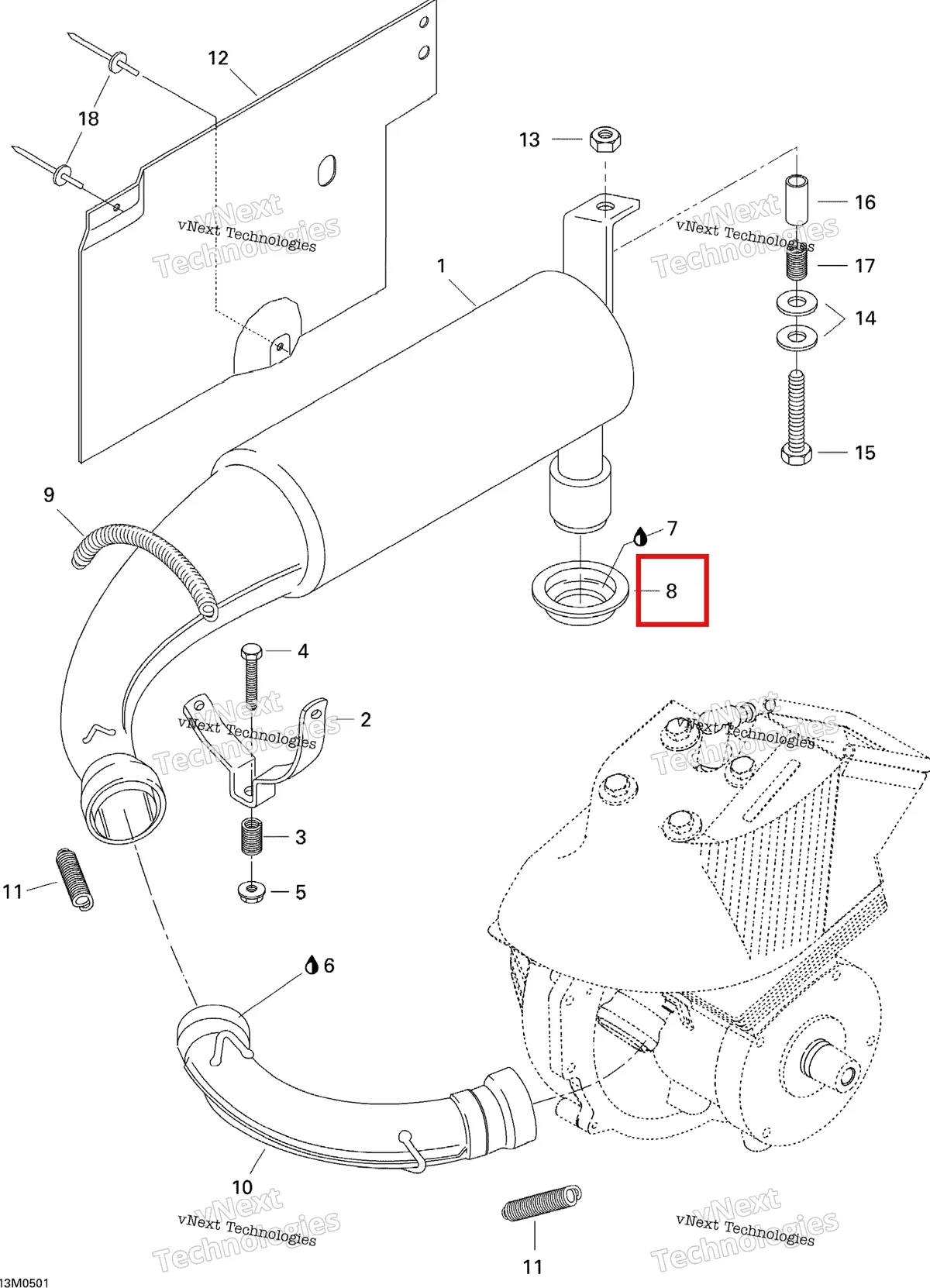 Деталь 570141300 (Деталь Rubber Flange) на схеме узла 2005 Ski-Doo Tundra R Exhaust System