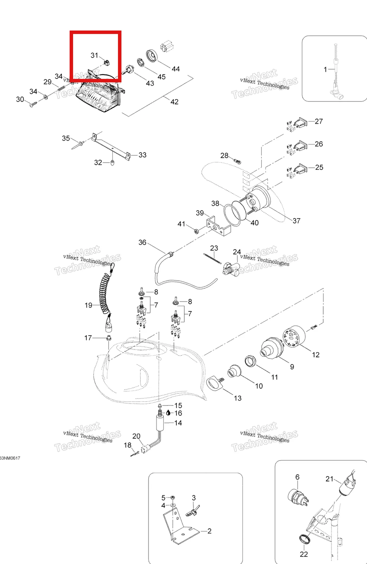 Деталь 572078600 (Деталь Projector Nut) на схеме узла 2006 Ski-Doo Skandic LT 440F Electrical System