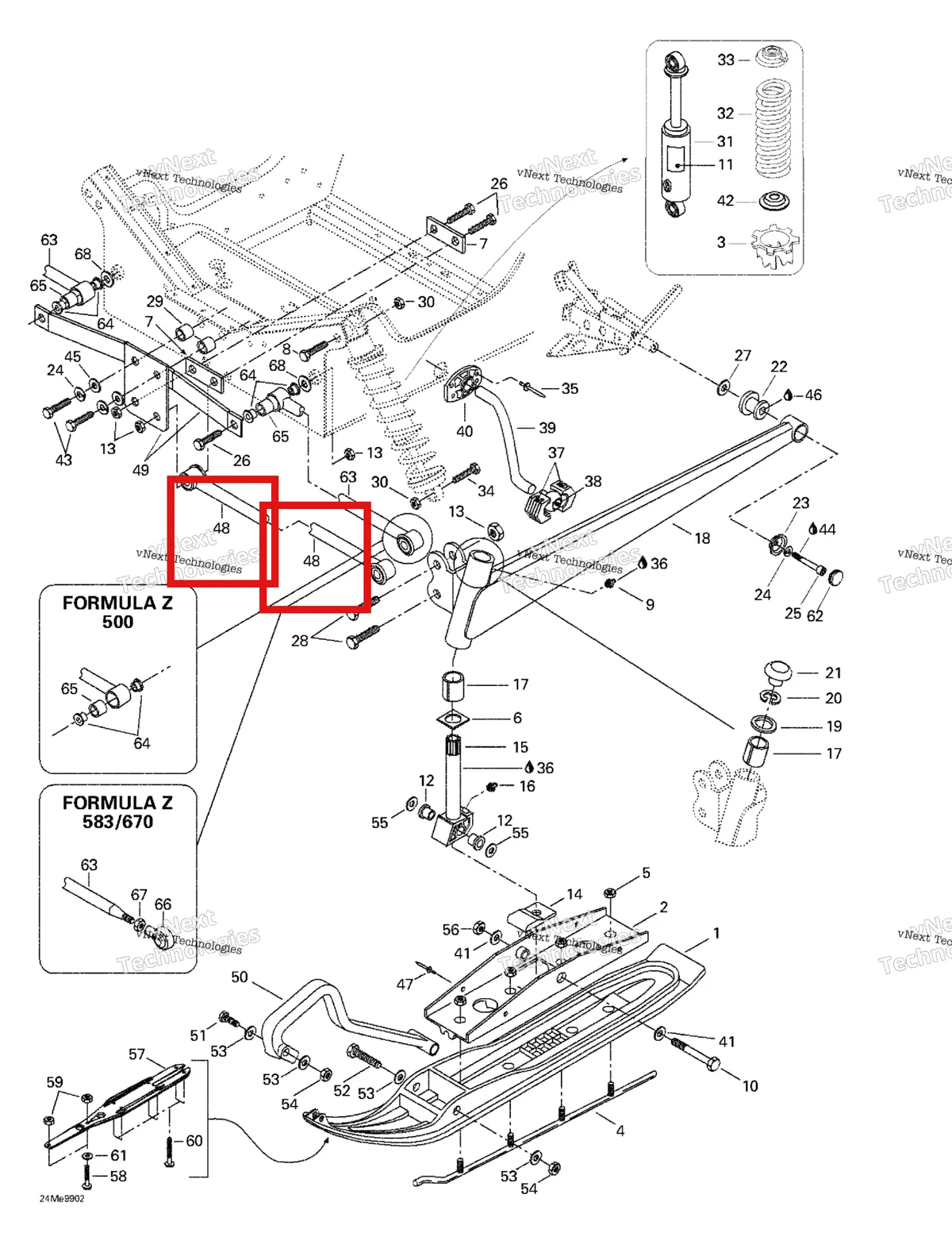 Деталь 580650800 на схеме узла 1999 Ski-Doo Formula Z 500/583/670 Front Suspension And Ski
