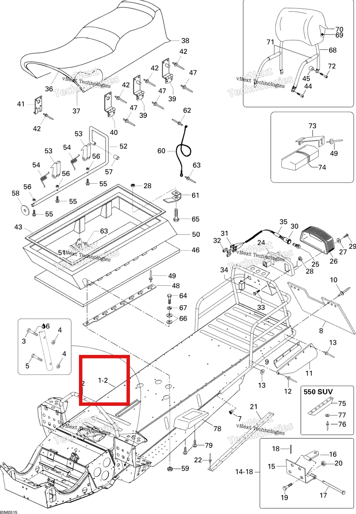 Деталь 605148688 (Деталь Frame Ass'y. Includes 1 To 2, St 550) на схеме узла 2005 Ski-Doo Skandic SUV 550F Frame And Seat 550F Suv