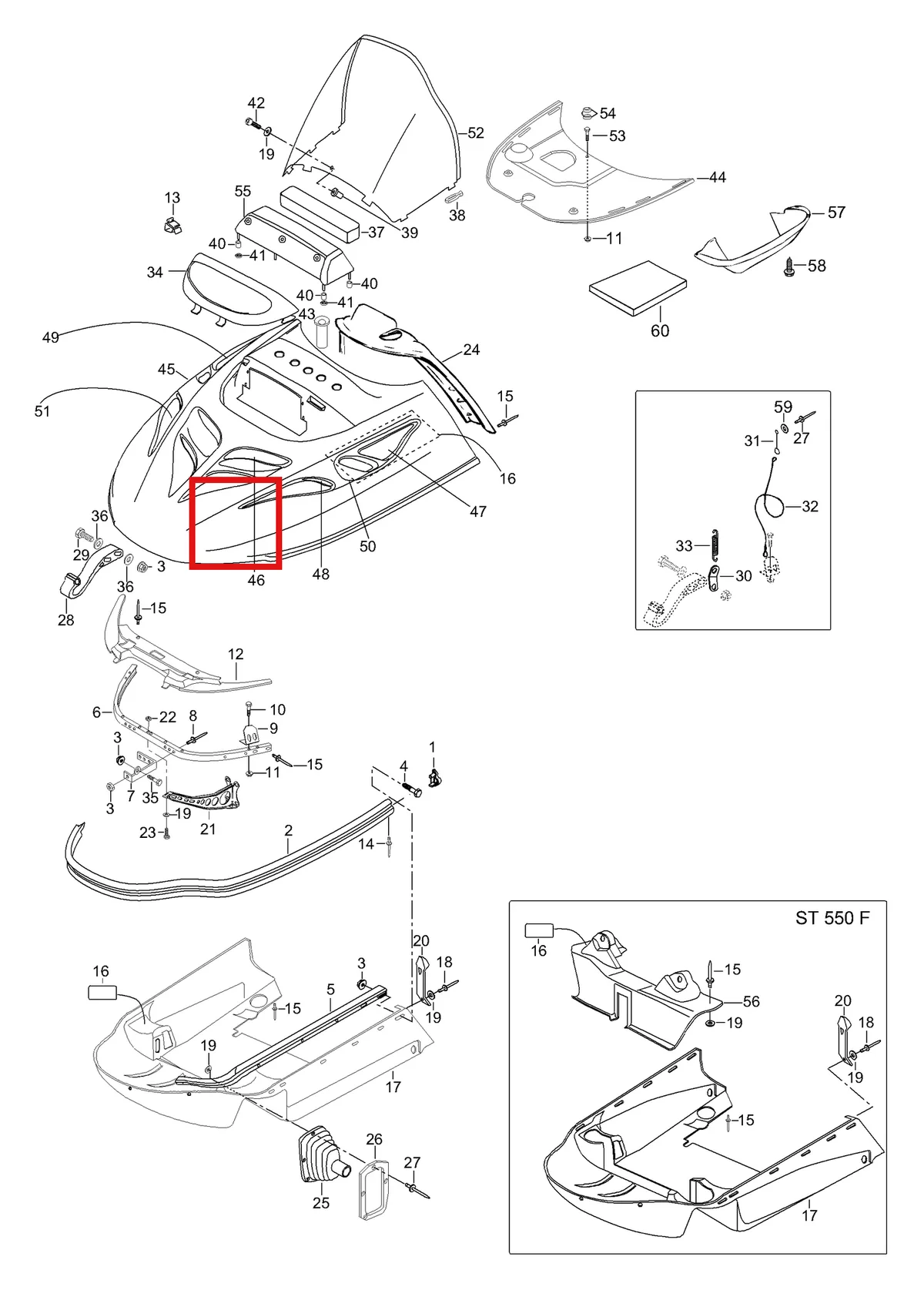 Деталь 605148696 (Деталь Hood, Red) на схеме узла 09- Bottom Pan
