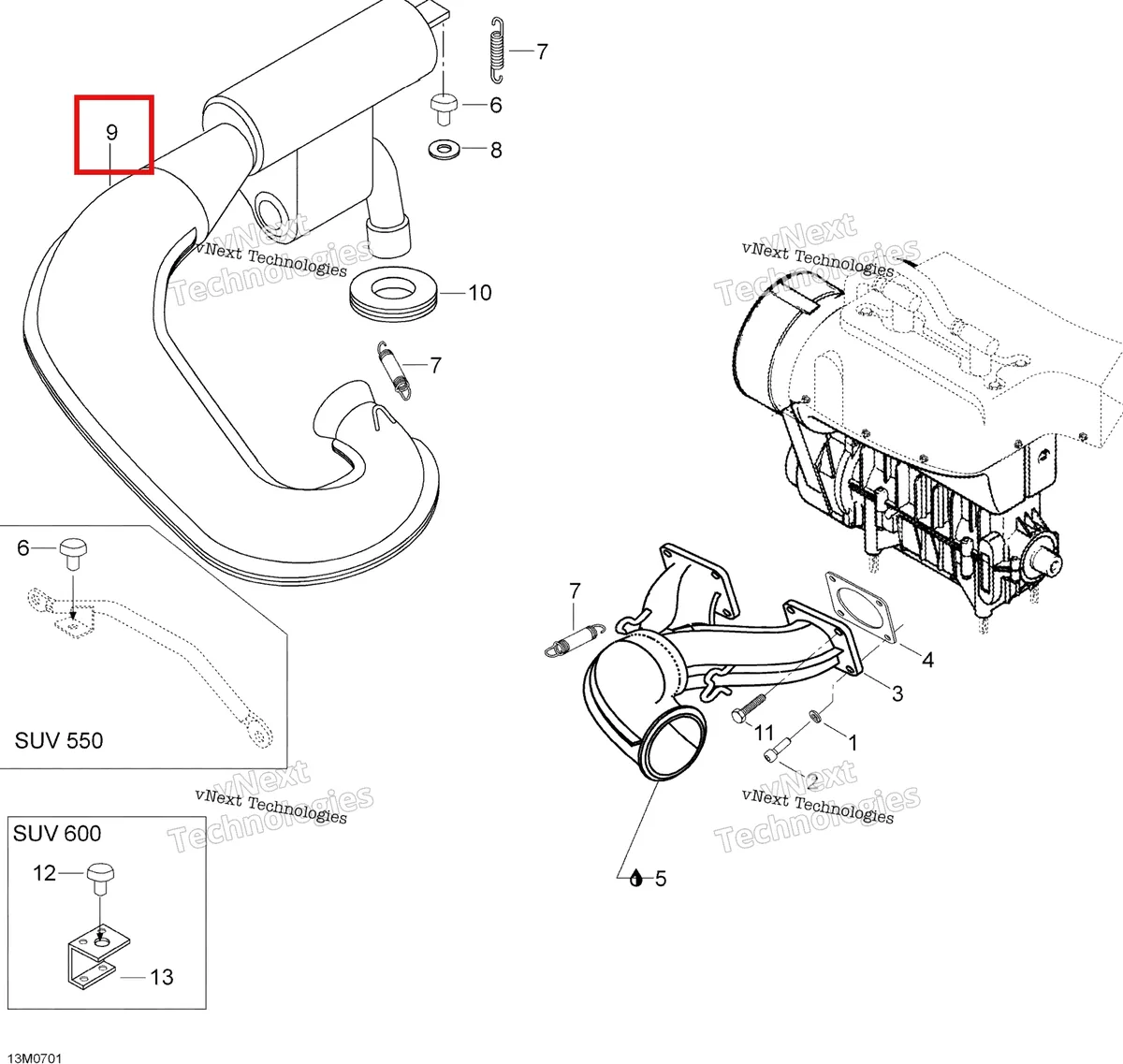 Деталь 605148762 (Деталь Tuned Pipe. St 600) на схеме узла 2007 Ski-Doo Skandic SUV 600 Exhaust System 600 Suv