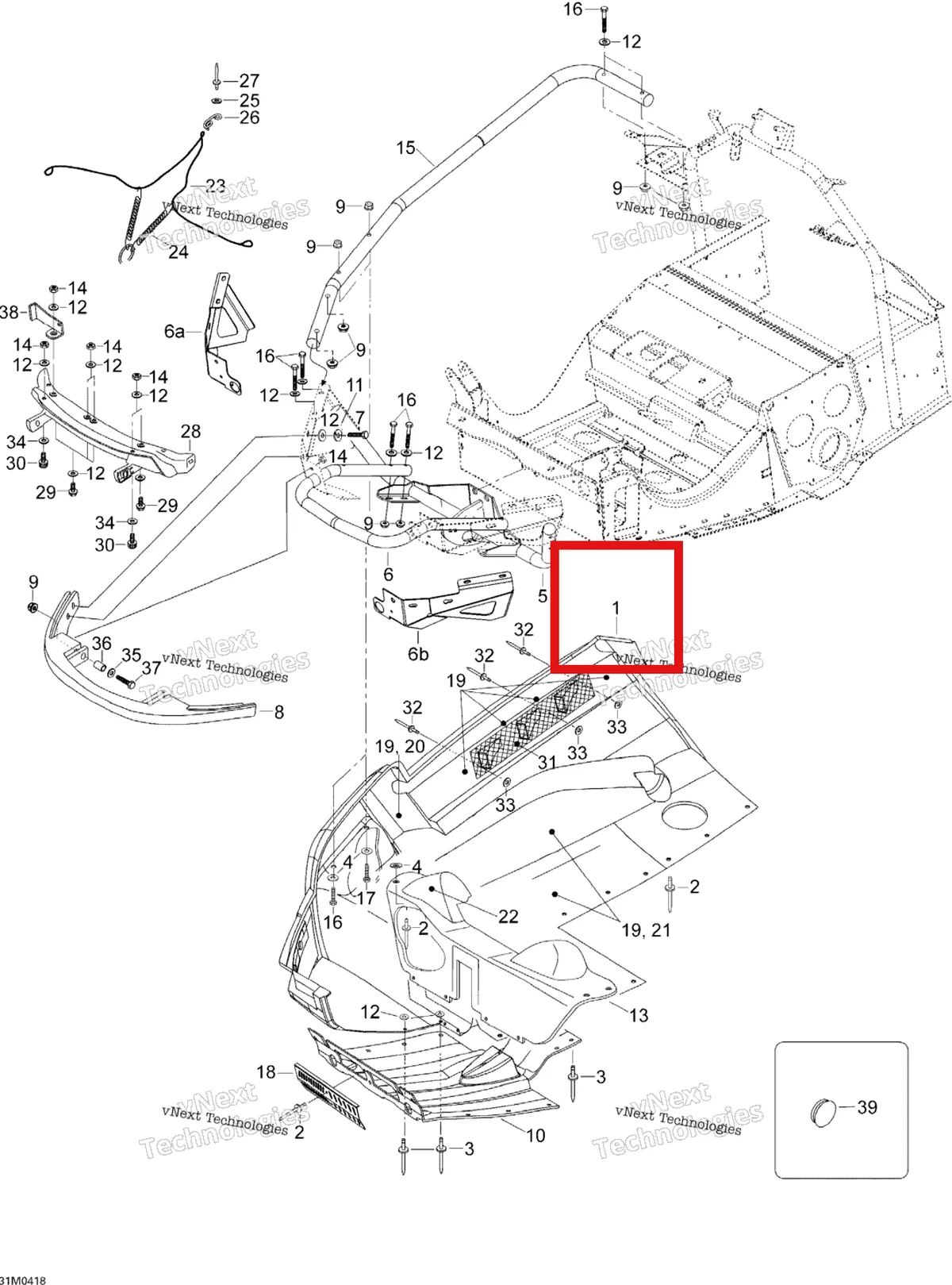Деталь 605149806 (Деталь R.h. Bottom Pan) на схеме узла 2004 Ski-Doo Expedition 4-TEC Bottom Pan