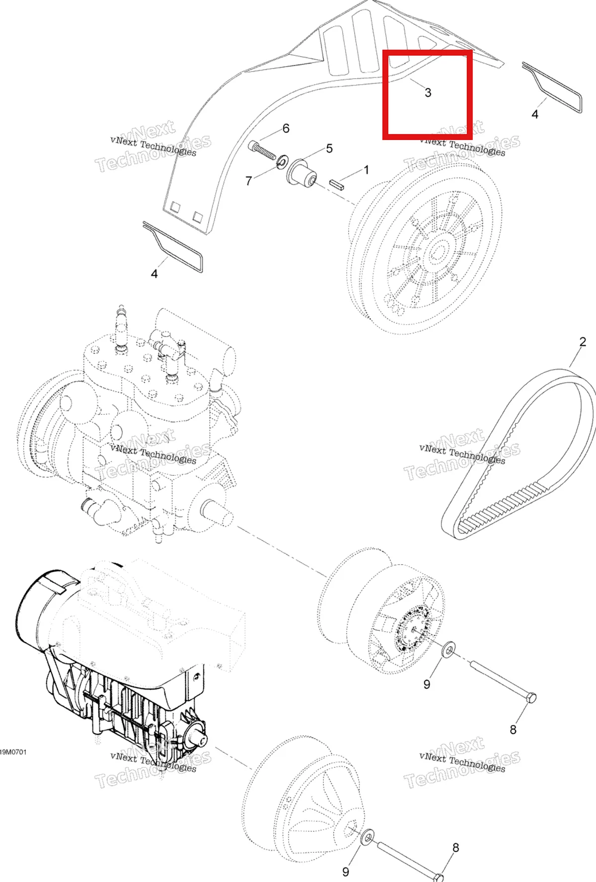 Деталь 605150015 (Кожух Ремня) на схеме узла 2007 Ski-Doo Skandic SUV 550F Pulley System 550F Suv
