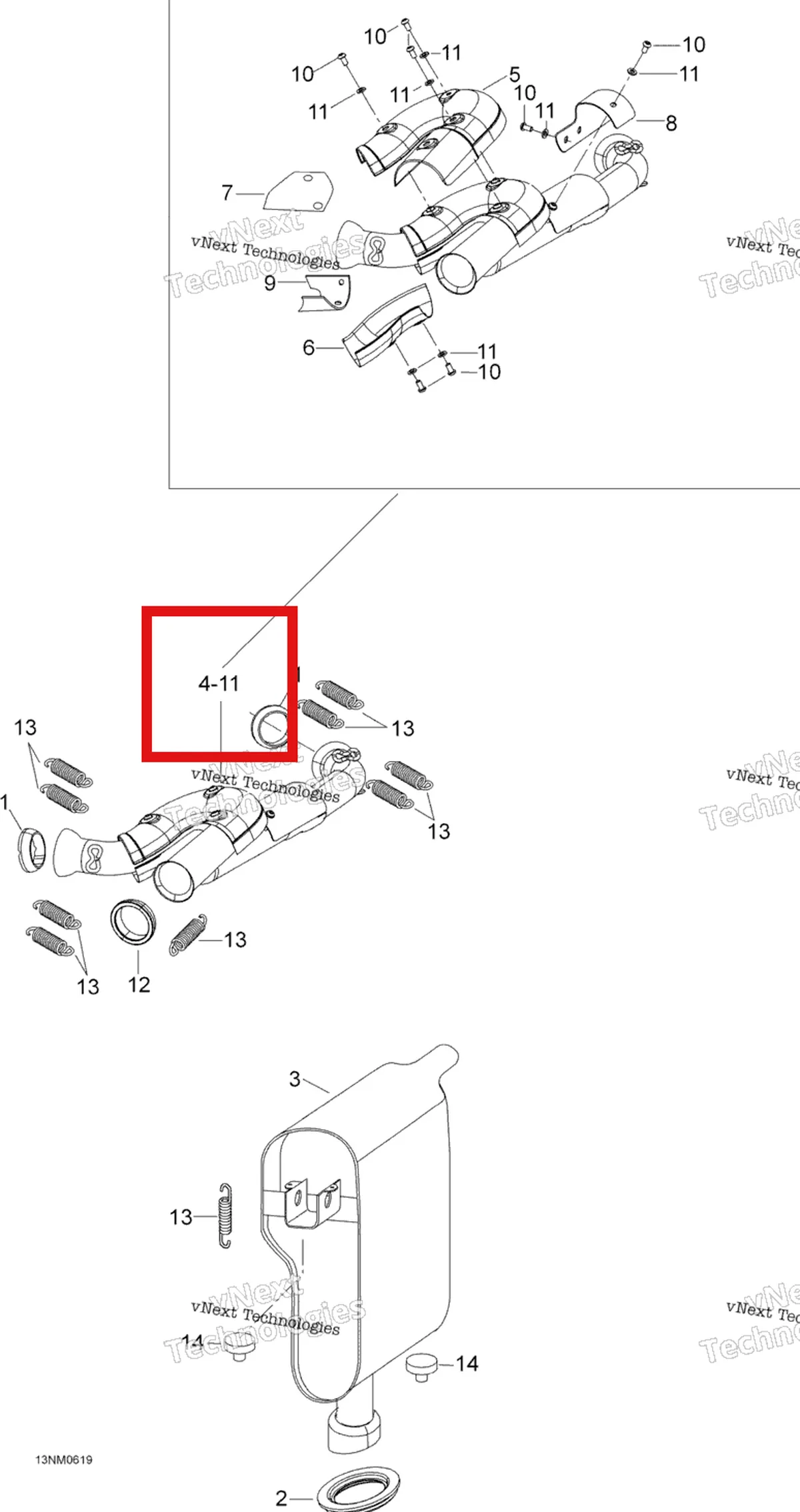 Деталь 605150882 (Деталь Tuned Pipe Ass'y. Includes 5-12) на схеме узла 2006 Ski-Doo Expedition V-1000 Exhaust System