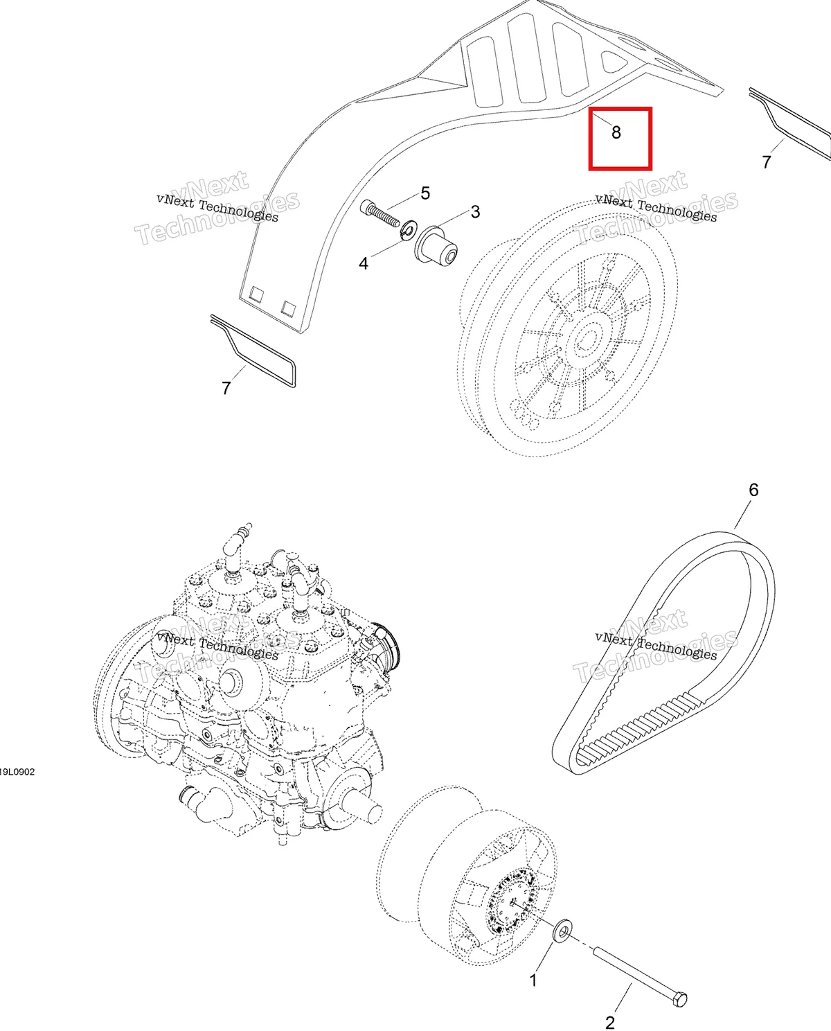 Деталь 605152654 (Деталь Belt Quard) на схеме узла 2009 Ski-Doo Expedition TUV 600 H.O. SDI Pulley System