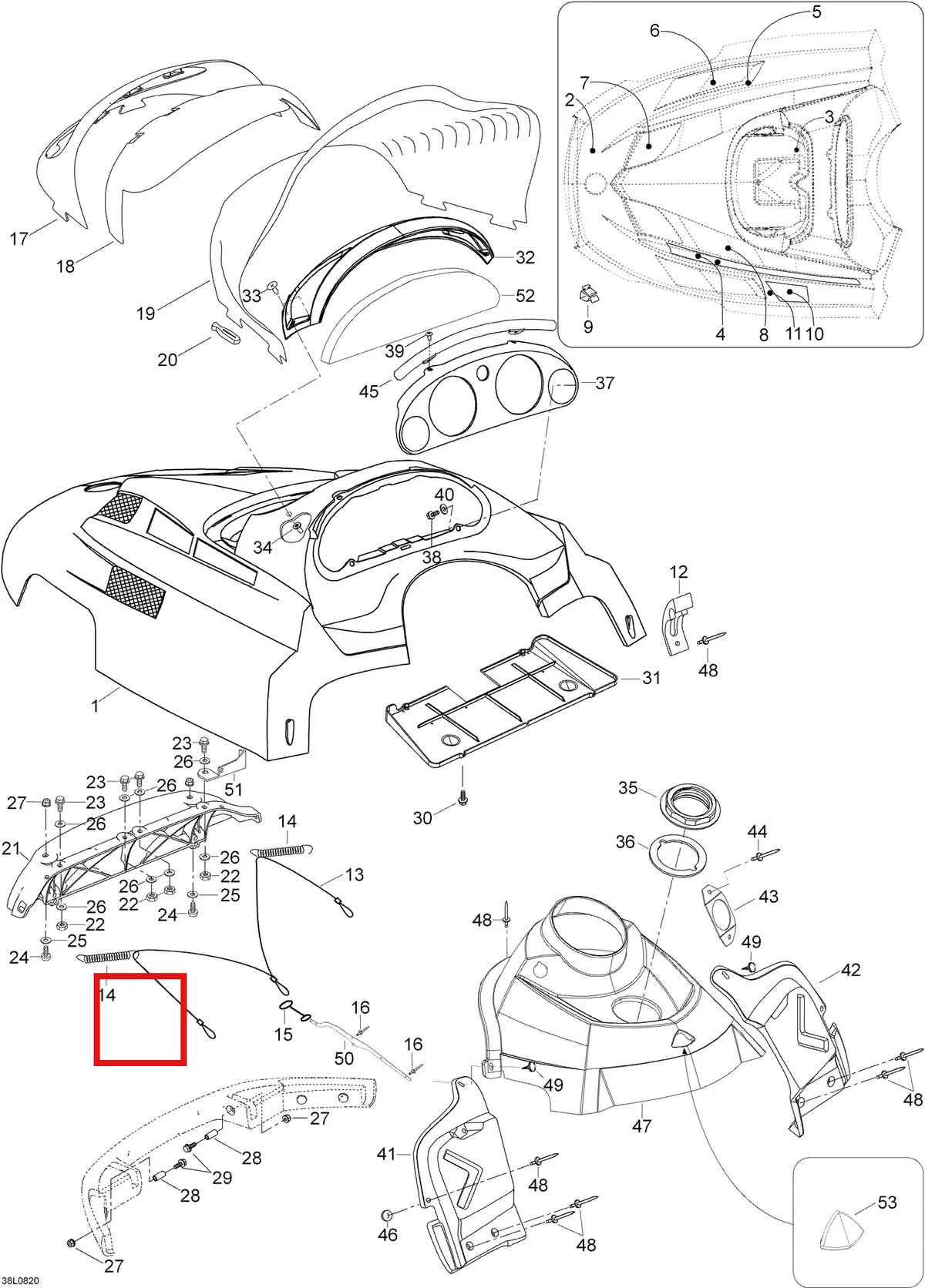 Деталь 605154511 (Деталь Hood. Pre Assy. Includes 1 To 11, Black) на схеме узла 09- Hood