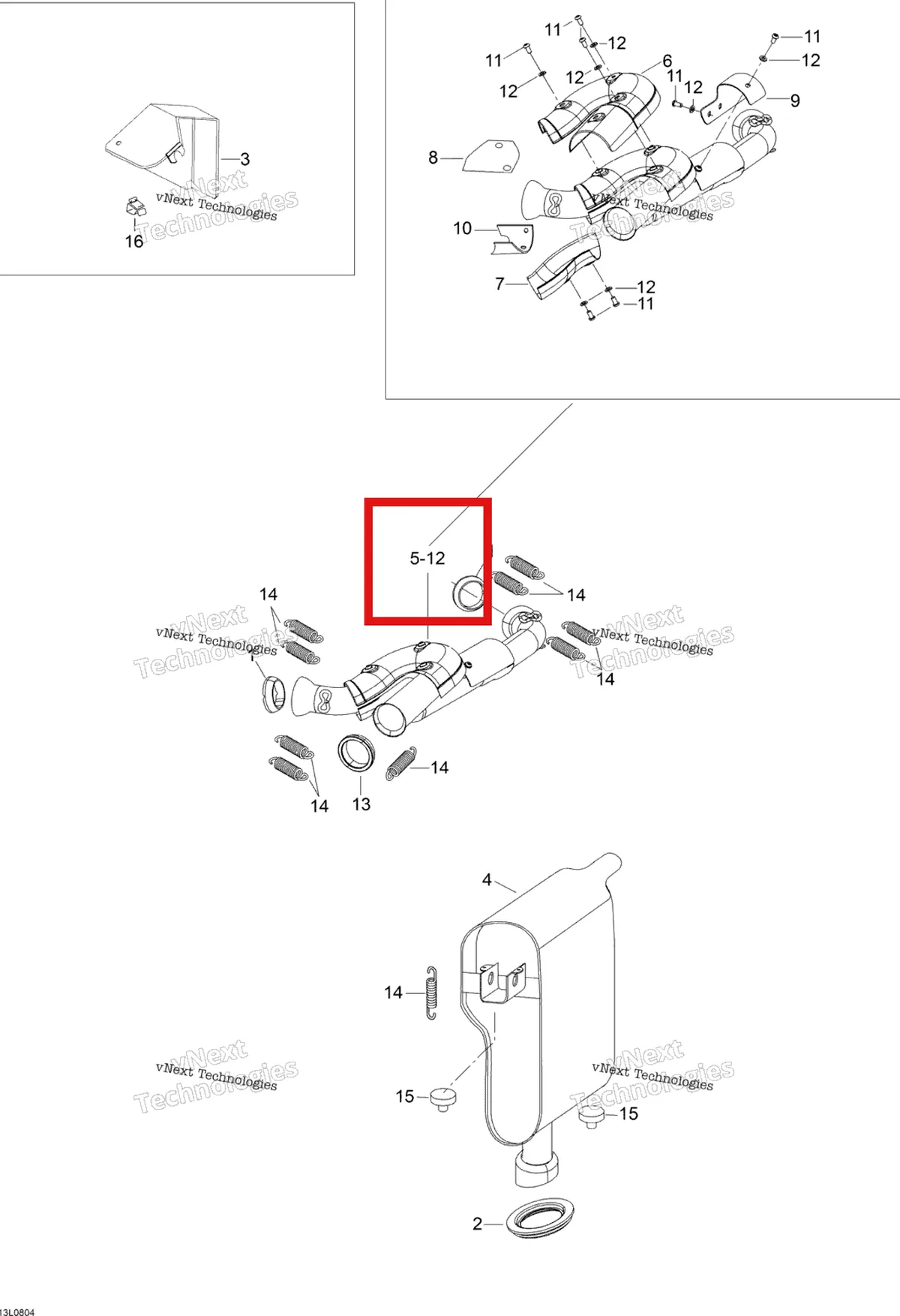 Деталь 605154771 (Tuned Pipe Ass'y. SisГ¤ltГ¤Г¤ Osat 5-12) на схеме узла 2008 Ski-Doo Expedition V-1300 Exhaust System