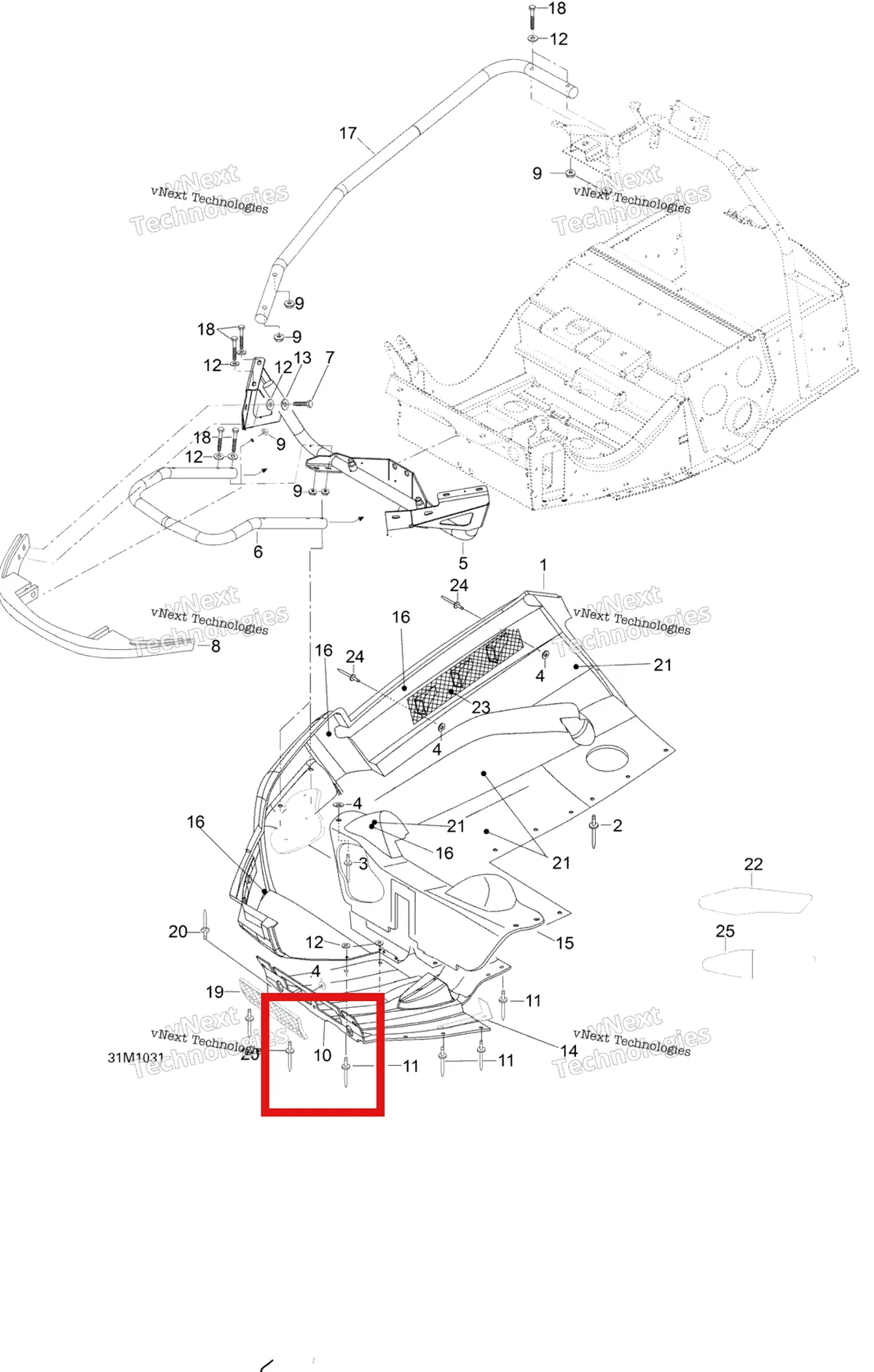 Деталь 605154930 (Деталь Bottom Pan, Middle) на схеме узла 2010 Ski-Doo Skandic SUV 550F Bottom Pan