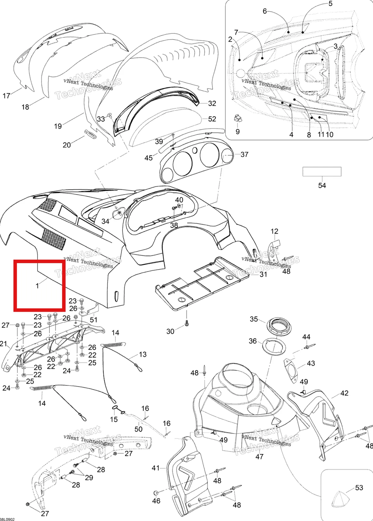Деталь 605155270 на схеме узла 2009 Ski-Doo Expedition TUV 600 H.O. SDI Hood