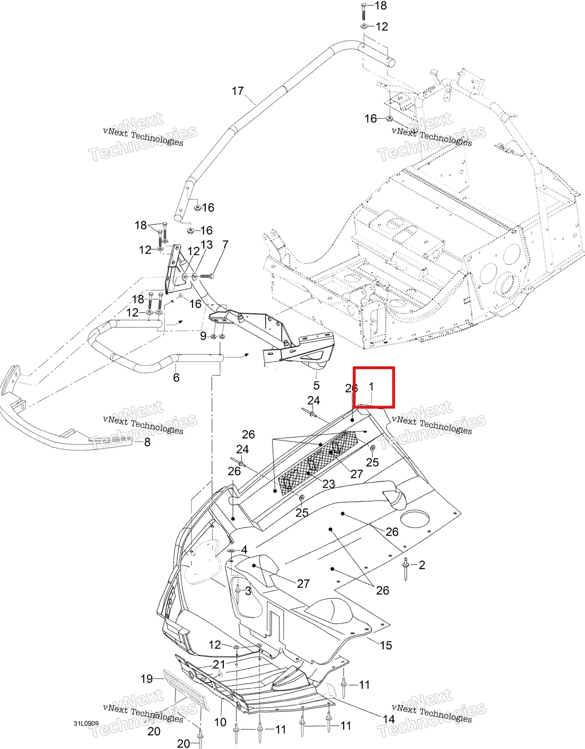 Деталь 605155340 (Деталь R.h. Bottom Pan) на схеме узла 2009 Ski-Doo Expedition TUV V800 4-TEC Bottom Pan