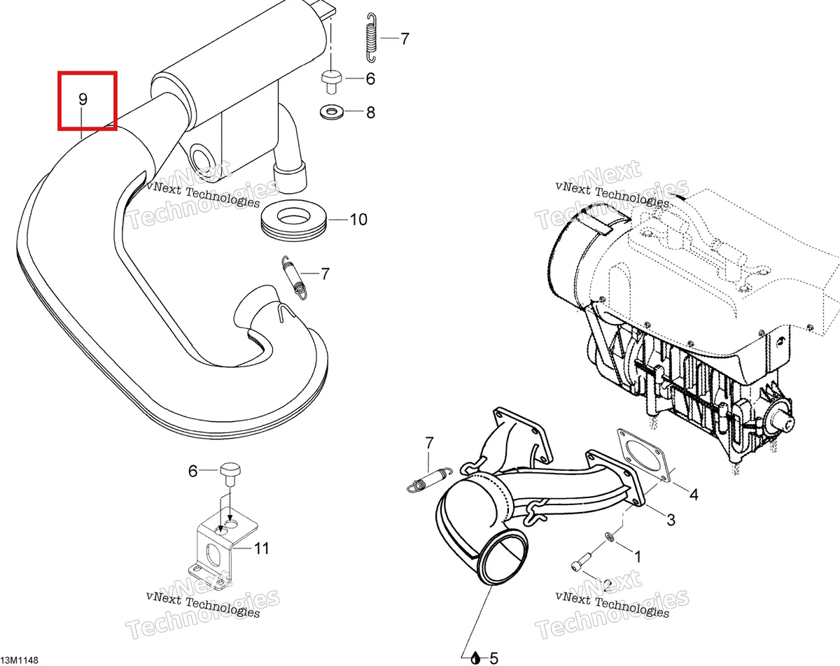 Деталь 605155509 (Деталь Tuned Pipe Ass'y) на схеме узла 2011 Ski-Doo Skandic WT 550F YetiII Exhaust System