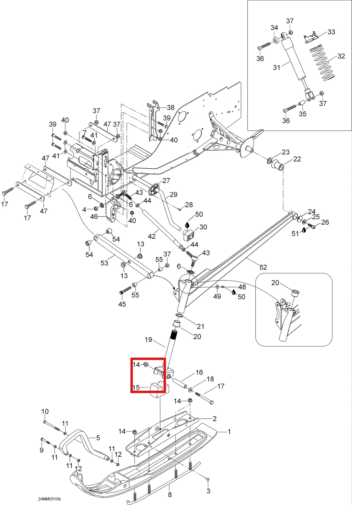 Деталь 605248967 (Деталь Lower Arm, Red. Includes Items 46 Thru 48) на схеме узла 07- Front Suspension And Ski, 550
