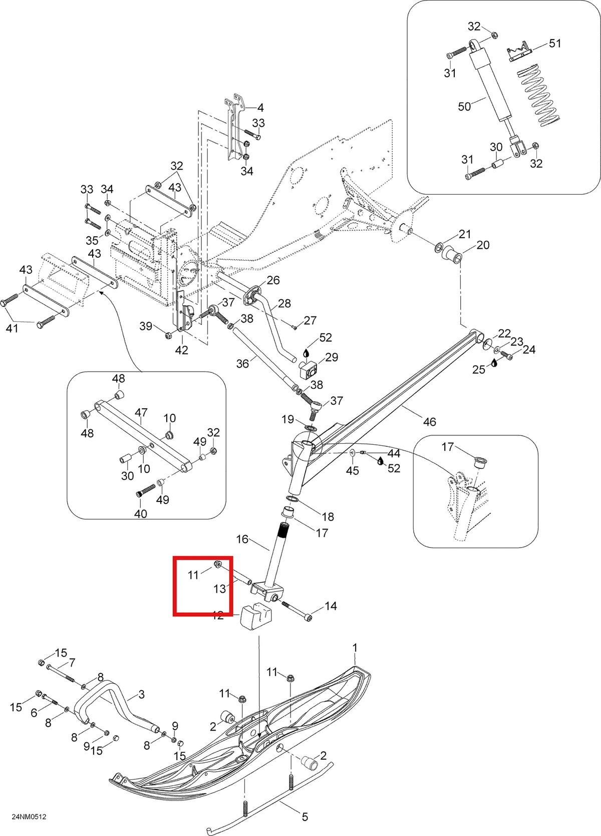 Деталь 605248971 (Деталь Lower Arm, Full Moon. Includes Items 49 Thru 51) на схеме узла 07- Front Suspension And Ski