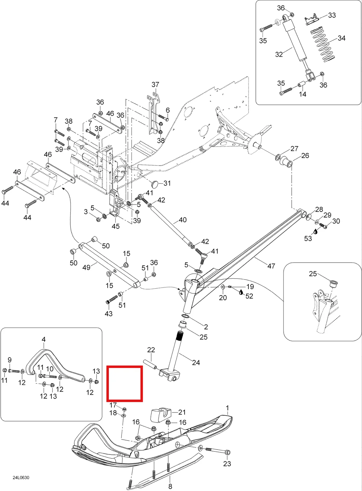 Деталь 605249207 (Деталь Lower Arm, Full Moon. Includes Items 54 Thru 56) на схеме узла 07- Front Suspension And Ski