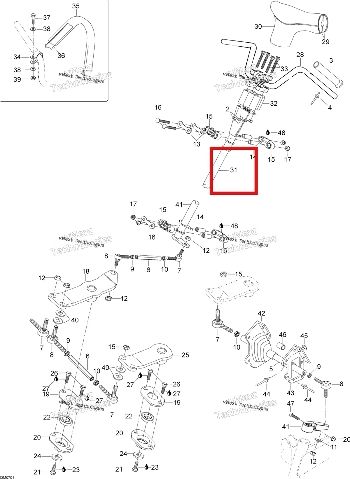 Деталь 605250189 (Деталь Steering Pale) на схеме узла 2007 Ski-Doo Skandic SUV 550F Steering System 550F Suv