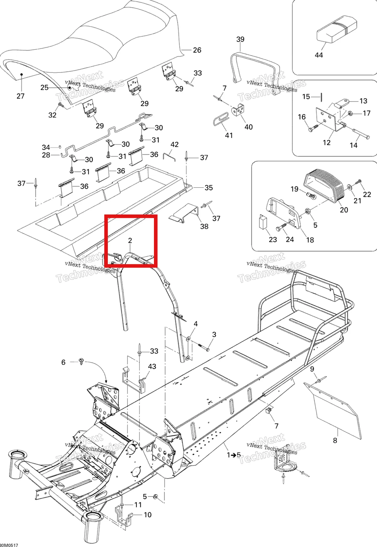 Деталь 605250274 (Деталь Handle Steering Support) на схеме узла 2005 Ski-Doo Skandic LT 440F Frame And Seat