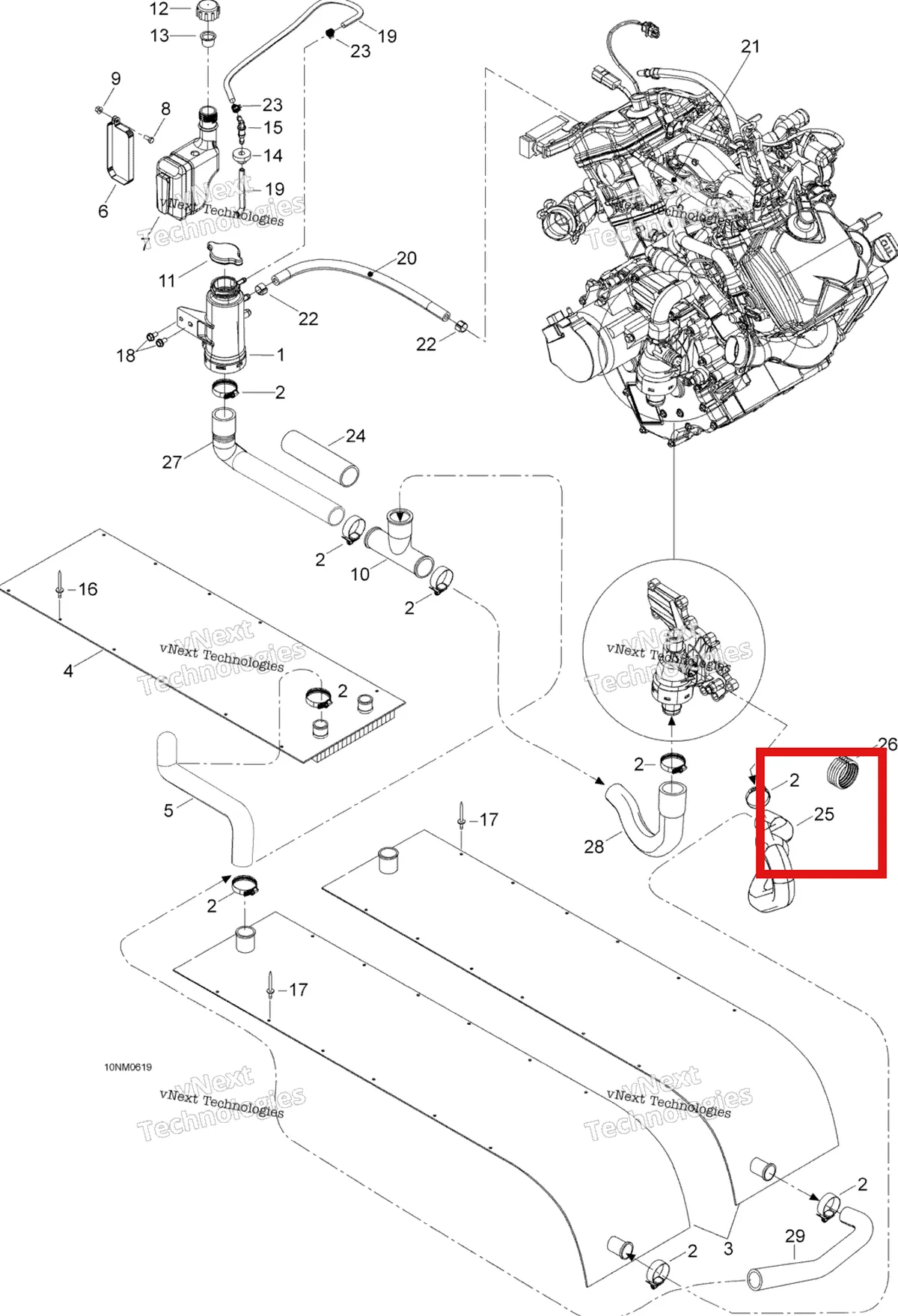 Деталь 605250712 (Деталь Hose, Engine->r.h. Rad.) на схеме узла 2006 Ski-Doo Expedition V-1000 Cooling System