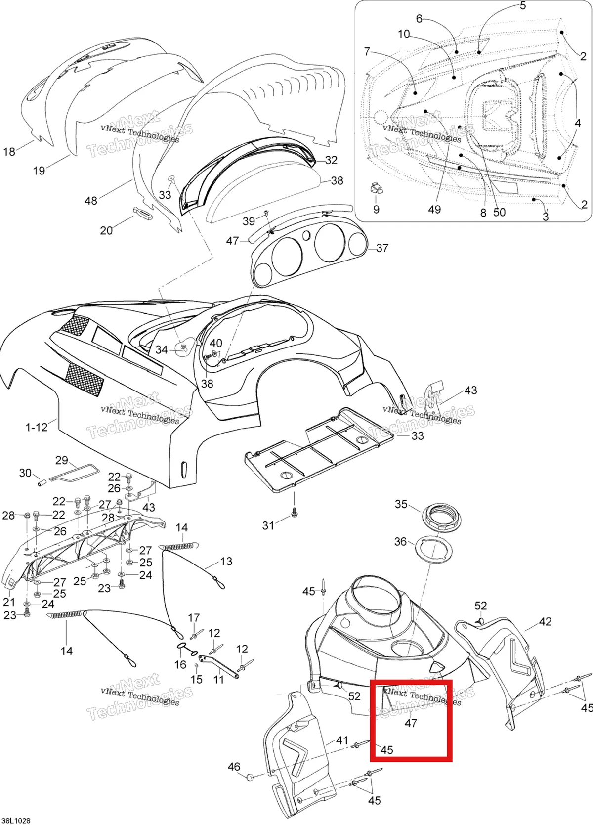 Деталь 605251076 на схеме узла 2010 Ski-Doo Skandic WT 600 Hood