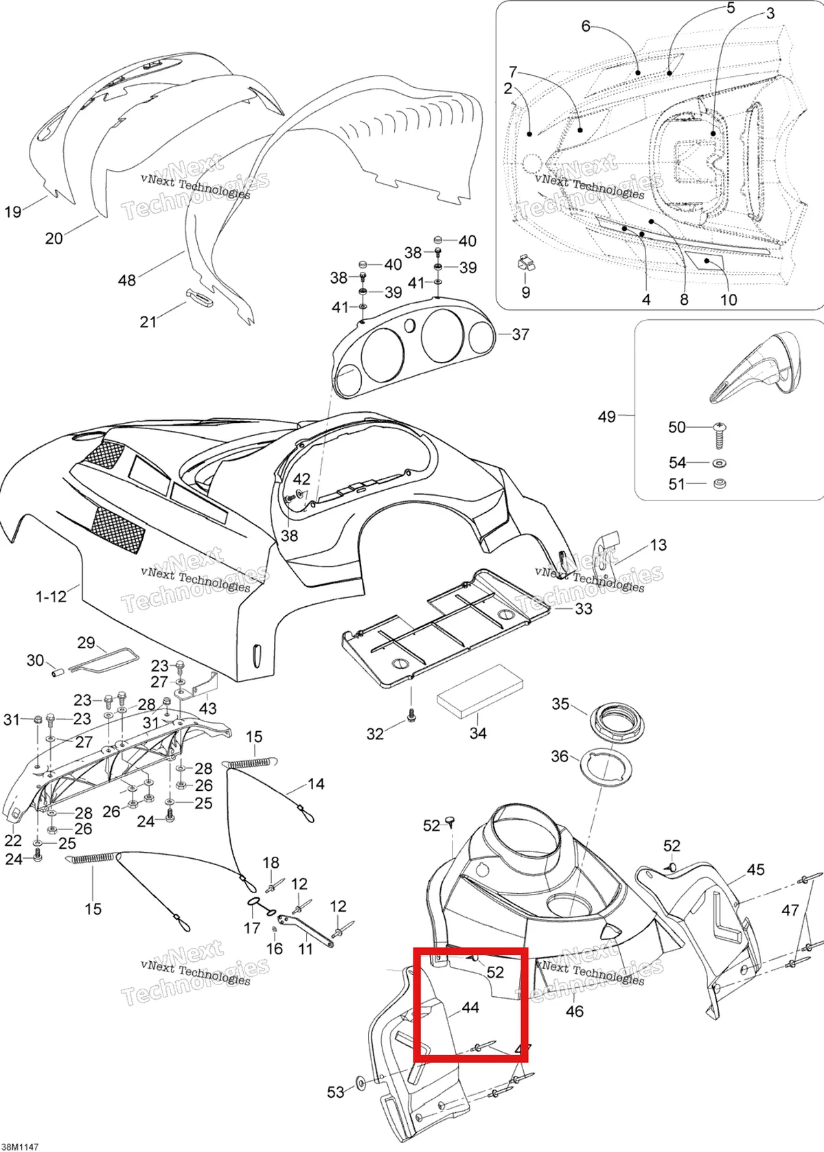 Деталь 605251384 (Деталь Lh Console) на схеме узла 2012 Ski-Doo Skandic SWT V800 YetiII Hood