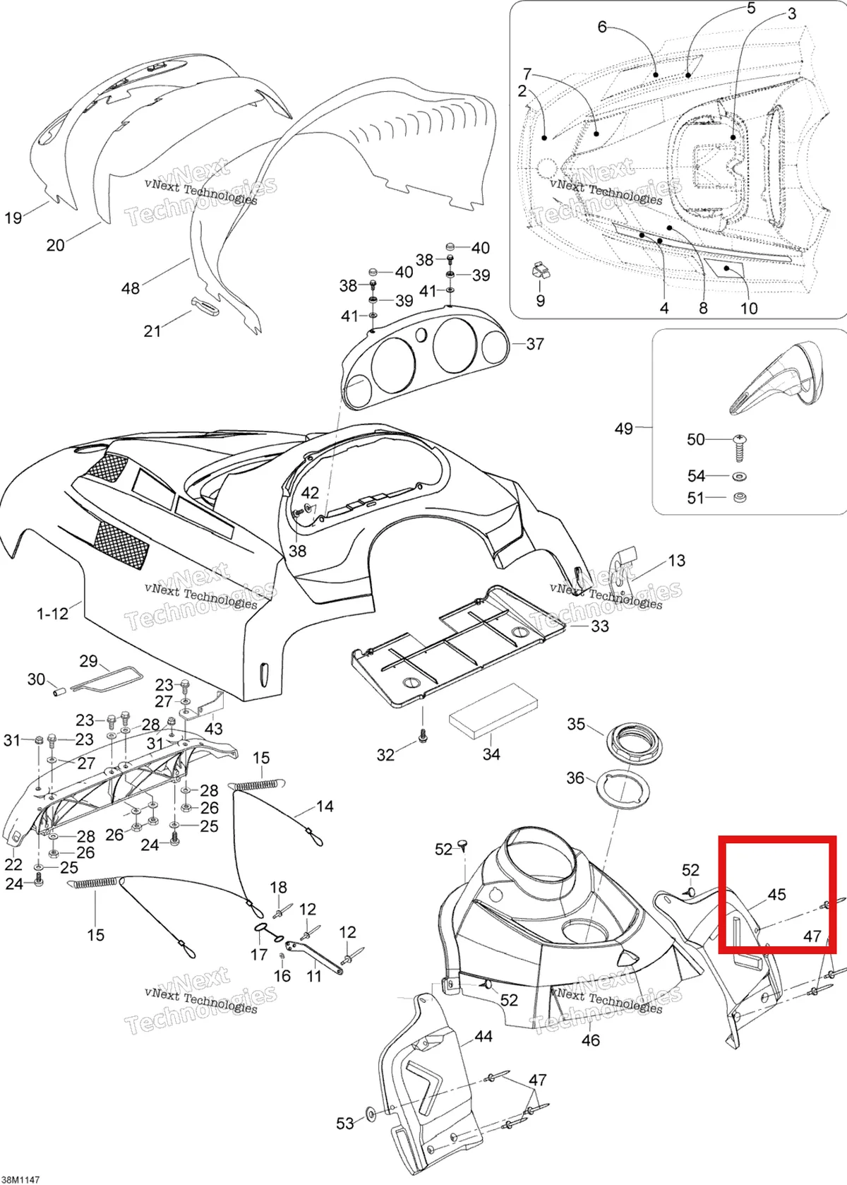 Деталь 605251385 (Деталь Rh Console) на схеме узла 2012 Ski-Doo Skandic SWT V800 YetiII Hood