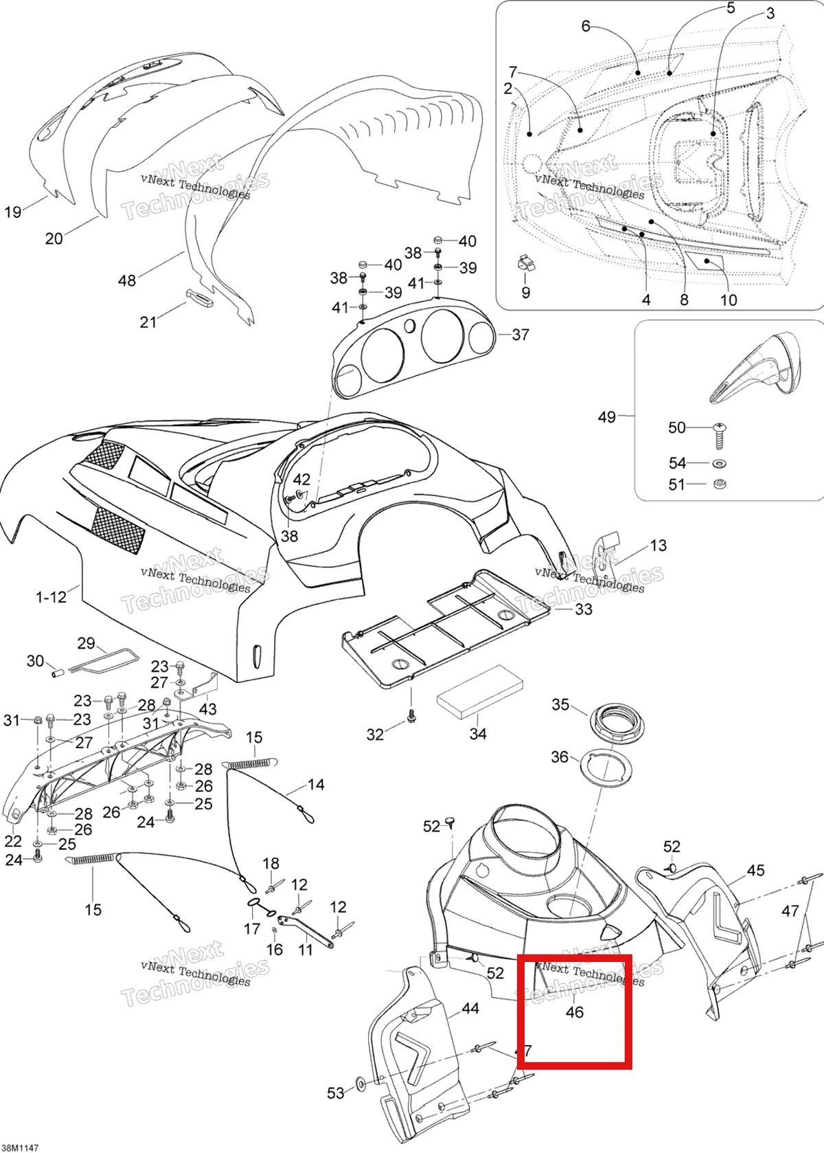 Деталь 605251387 (Деталь Middle Console) на схеме узла 2012 Ski-Doo Skandic SWT V800 YetiII Hood