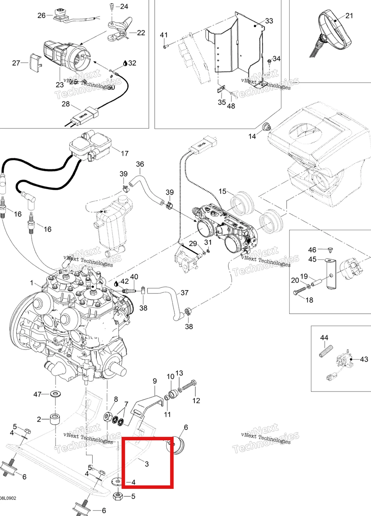 Деталь 605251437 (Деталь Engine Support) на схеме узла 2009 Ski-Doo Expedition TUV 600 H.O. SDI Engine And Engine Support