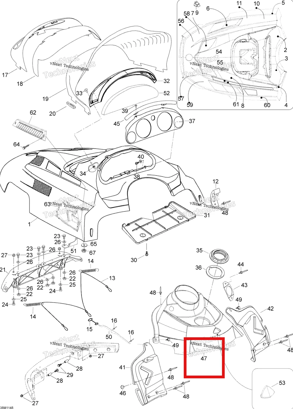 Деталь 605252075 (Деталь Middle Console) на схеме узла 2011 Ski-Doo Skandic WT 550F YetiII Hood