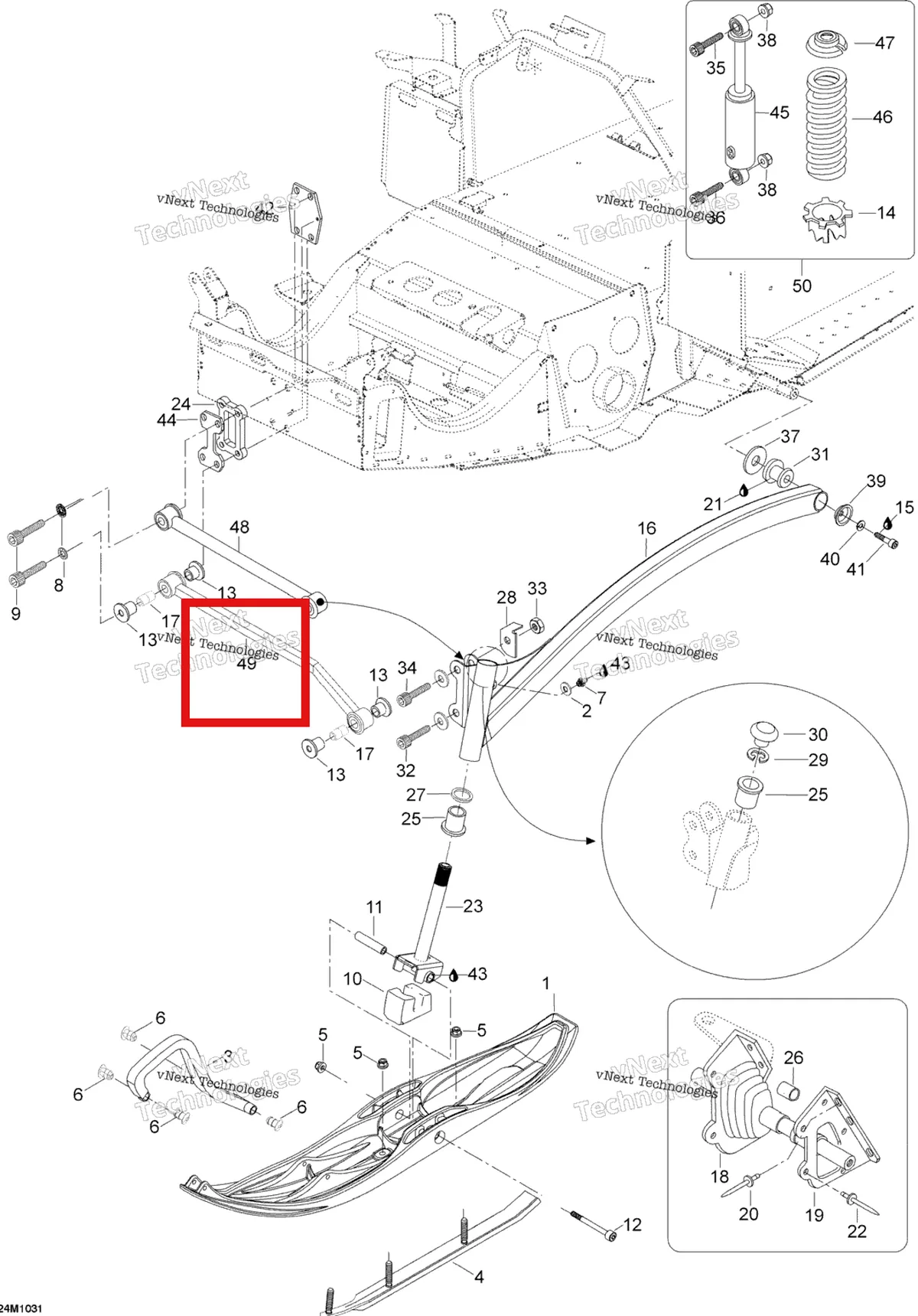 Деталь 605252224 (Деталь Lower Arm Ass'y) на схеме узла 2010 Ski-Doo Skandic SUV 550F Front Suspension And Ski