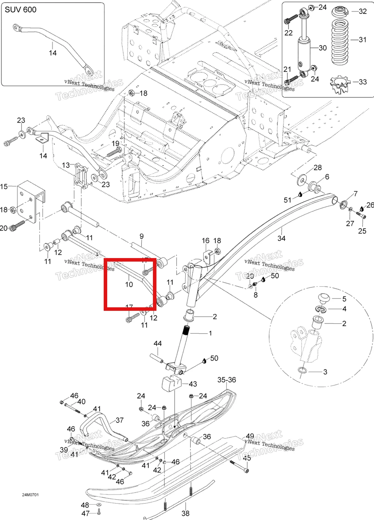 Деталь 605252375 (Деталь Lower Arm Ass'y) на схеме узла 2007 Ski-Doo Skandic SUV 600 Front Suspension And Ski 600 Suv