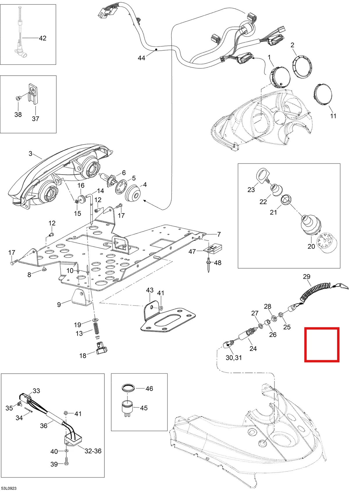 Деталь 605253348 (Деталь Headlamp Support) на схеме узла 10- Electrical System
