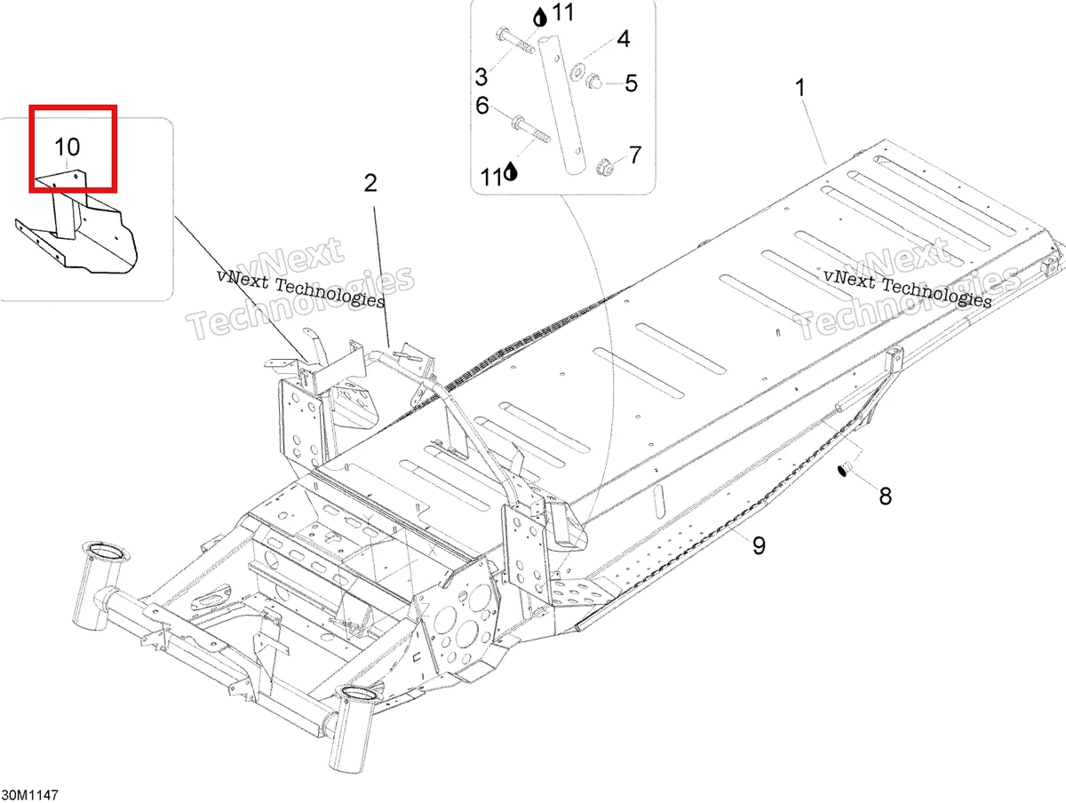 Деталь 605253505 (Деталь Toe Rest L.h) на схеме узла 2012 Ski-Doo Skandic SWT V800 YetiII Frame