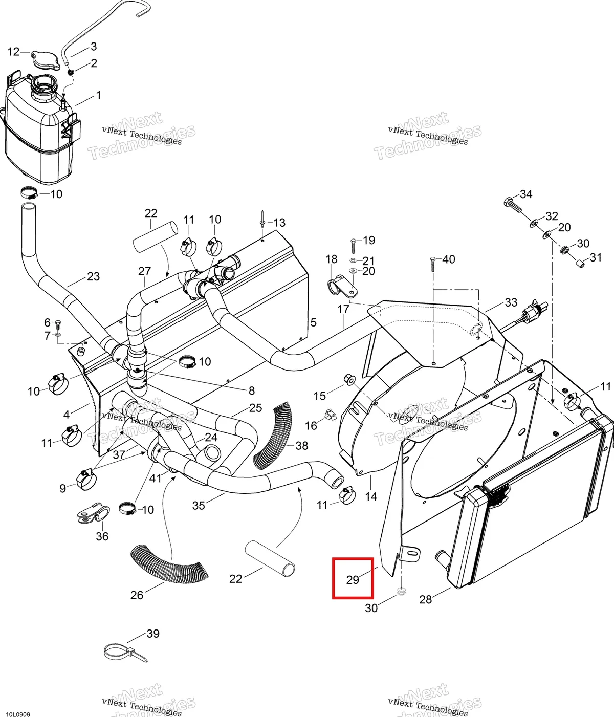 Деталь 605253698 (Деталь Bracket, Fan) на схеме узла 2009 Ski-Doo Expedition TUV V800 4-TEC Cooling System