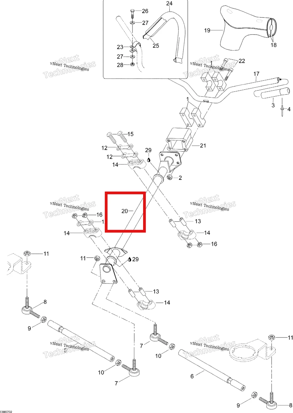 Деталь 605253735 (Деталь Main Tube. Swt) на схеме узла 2007 Ski-Doo Skandic SWT 550F Steering System Swt