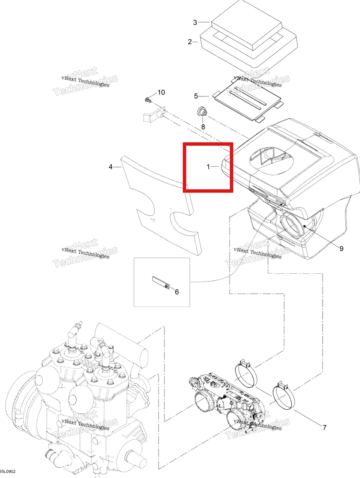 Деталь 605254205 (Деталь Air Intake Ass'y. Includes 1 To 5) на схеме узла 2009 Ski-Doo Expedition TUV 600 H.O. SDI Air Intake System