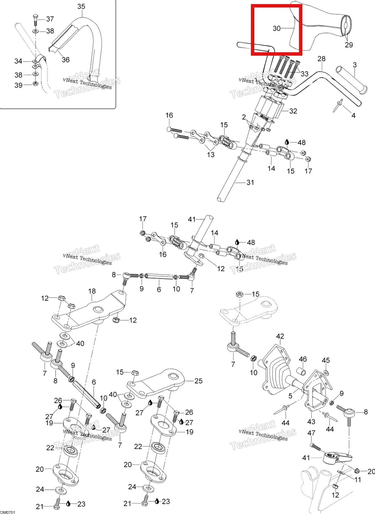 Деталь 605254676 (Крышка) на схеме узла 2007 Ski-Doo Skandic SUV 550F Steering System 550F Suv