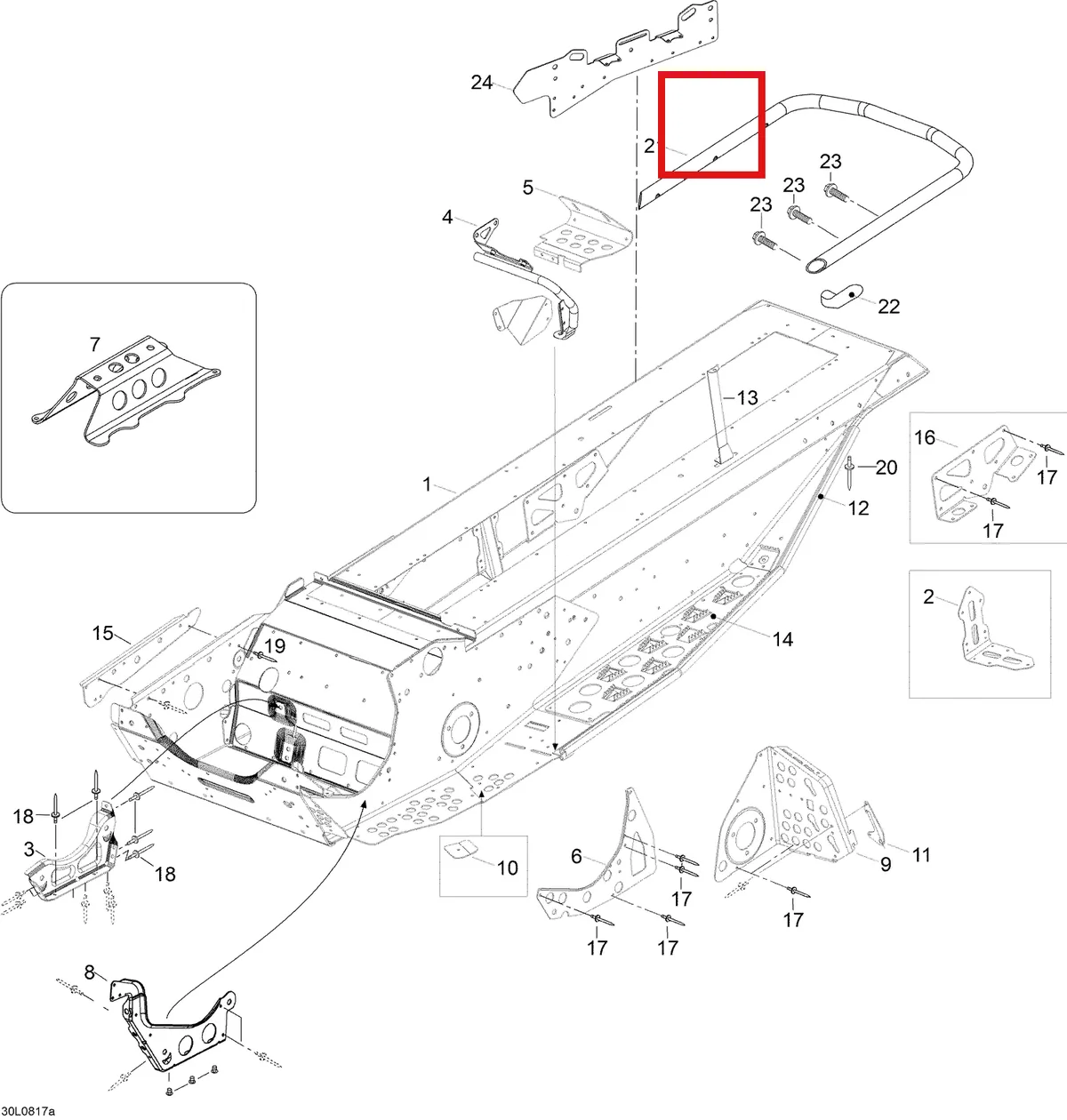Деталь 605255436 (Деталь Bracket, Rack R.h) на схеме узла 09- Frame