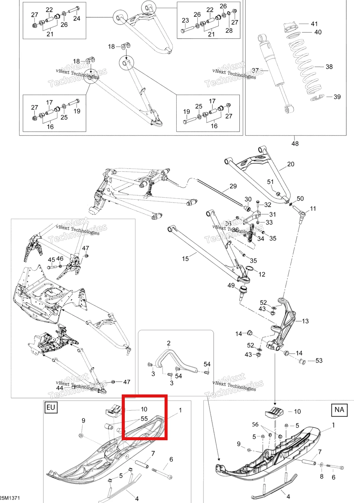 Деталь 605348392 (Деталь Sleeve. Includes 36 To 37) на схеме узла 2013 Ski-Doo EXPEDITION LE 1200 XU Front Suspension And Ski