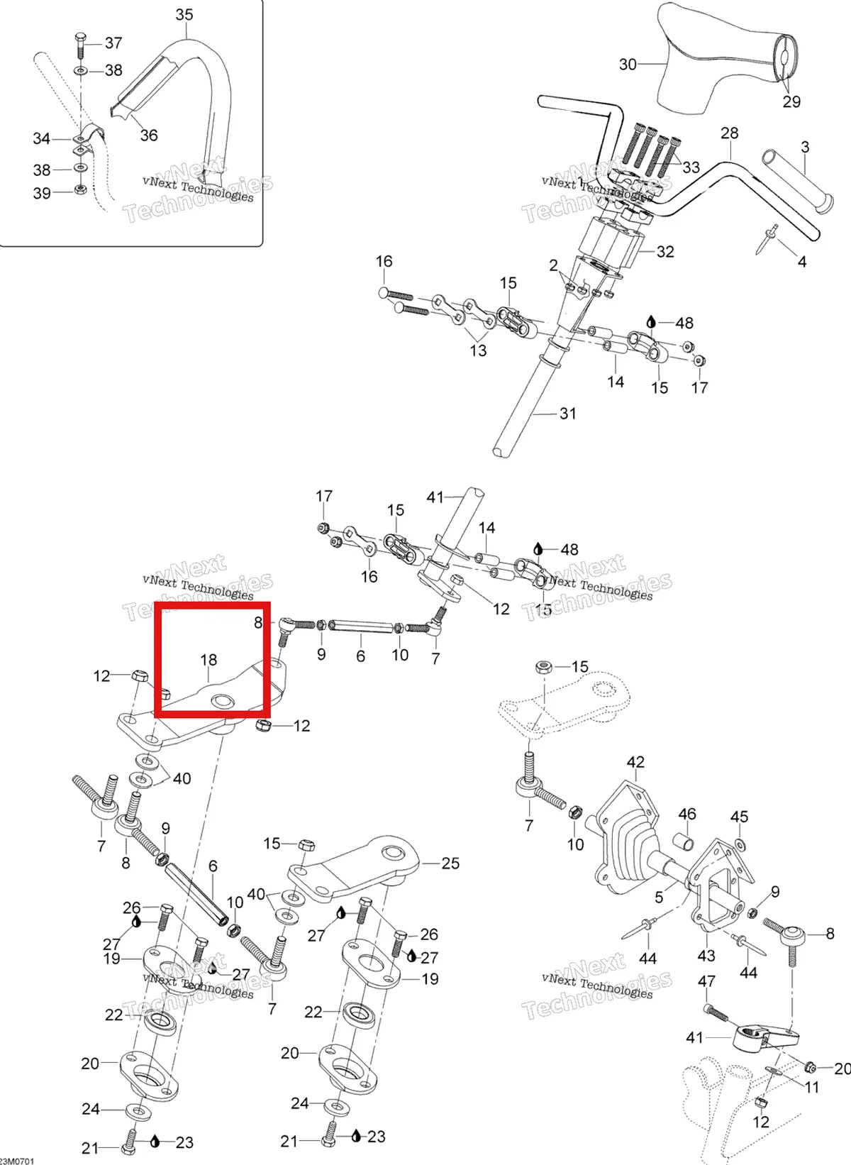 Деталь 605348402 (Деталь R.h. Lever Weld) на схеме узла 2007 Ski-Doo Skandic SUV 550F Steering System 550F Suv