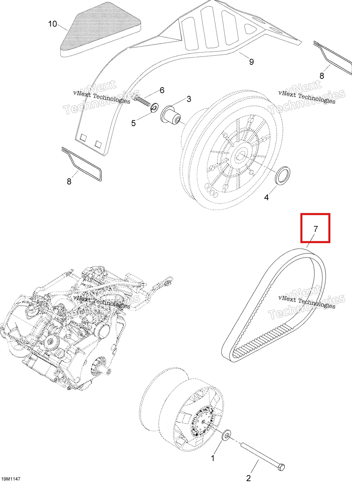 Деталь 605348425 (Ремень) на схеме узла 2012 Ski-Doo Skandic SWT V800 YetiII Pulley System