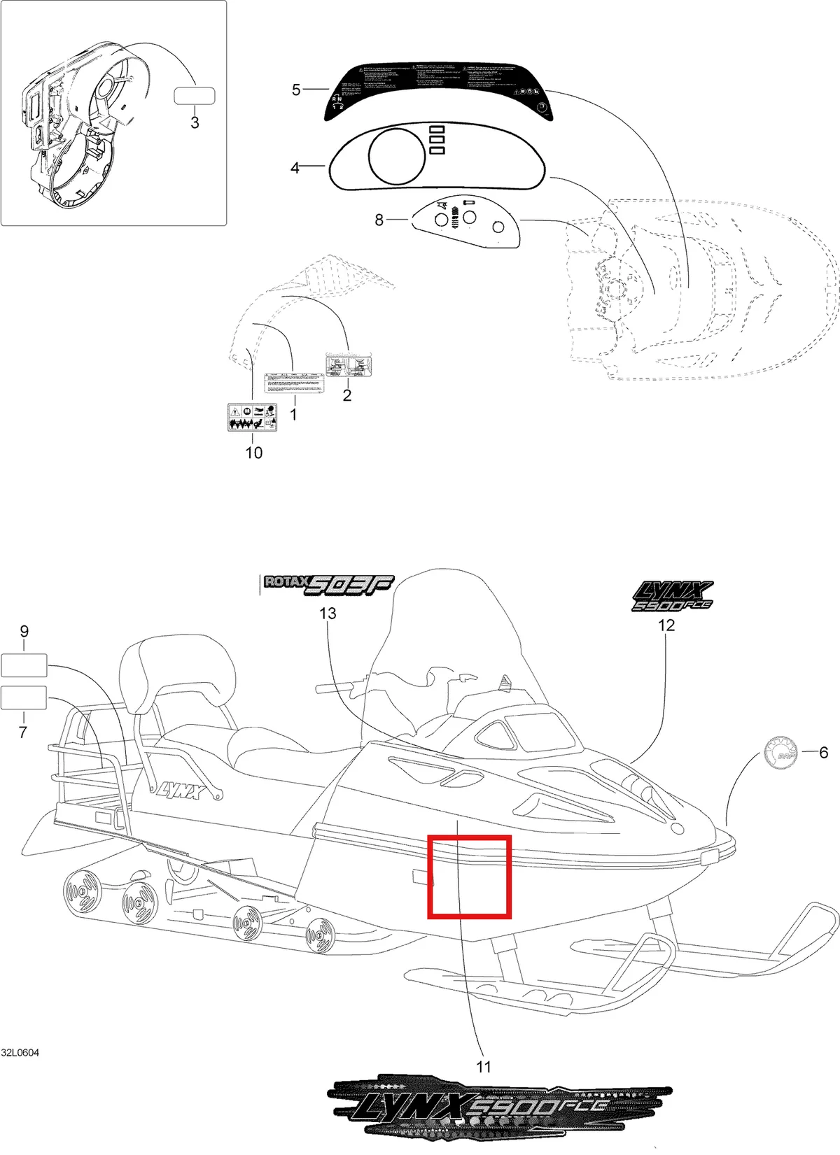 Деталь 605348471 (Деталь Decal, Rotax. 5900fce) на схеме узла 09- Decals