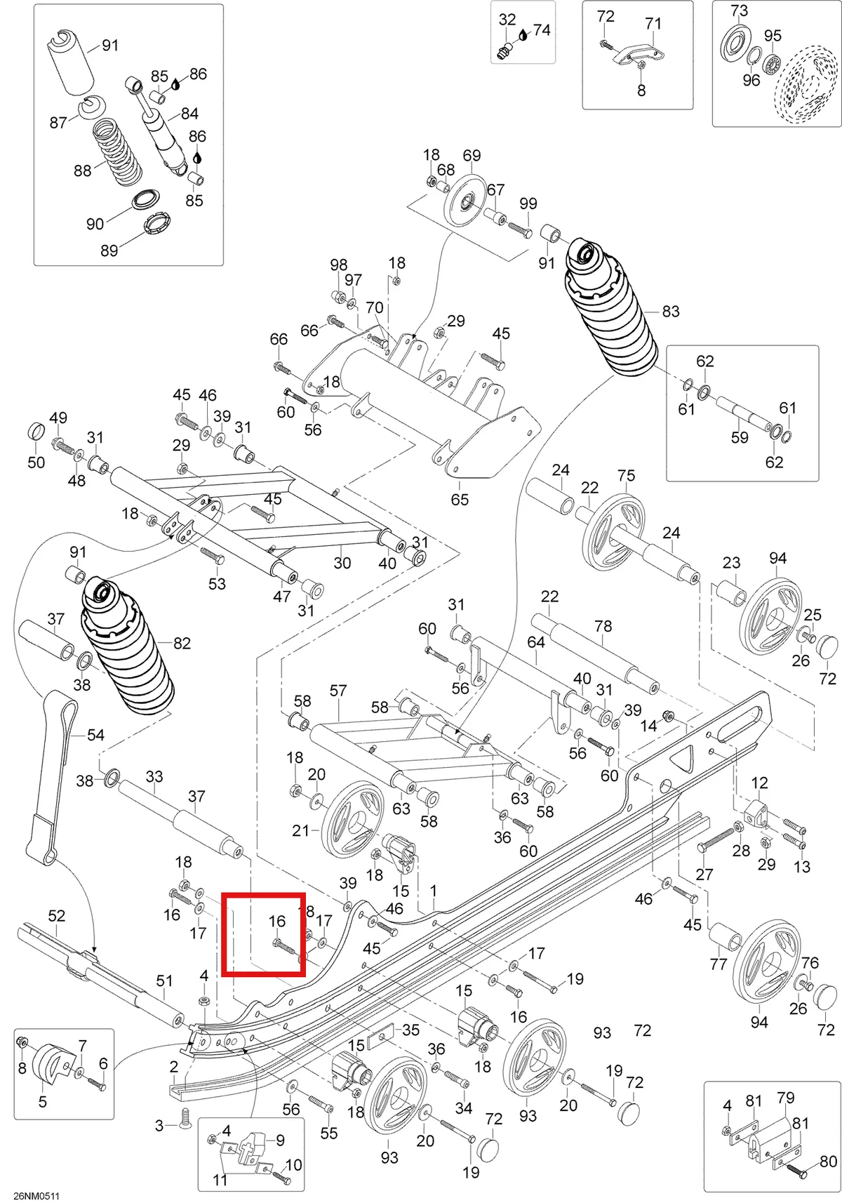 Деталь 605348900 (Деталь Shock Assy, Front Arm. Includes Items 70 Thru 76) на схеме узла 08- Rear Suspension
