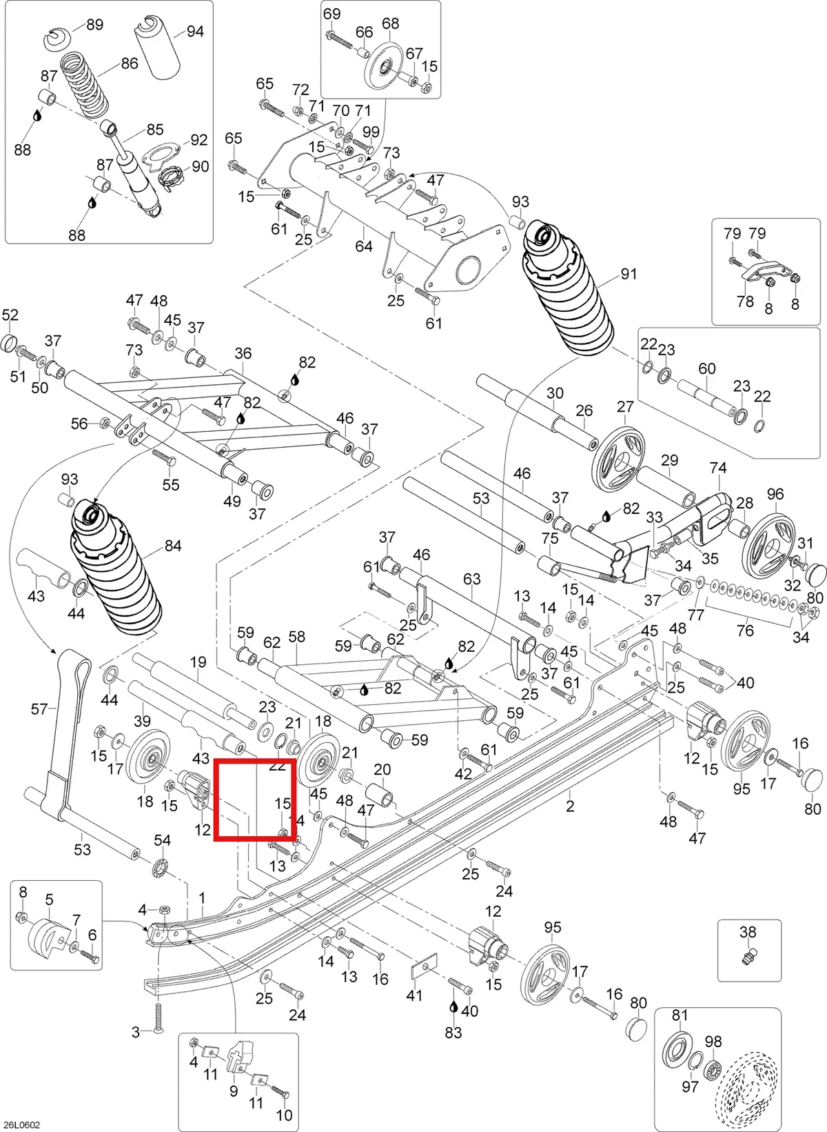Деталь 605348905 (Деталь Shock Assy, Front. Includes Items 81 Thru 87) на схеме узла 08- Rear Suspension
