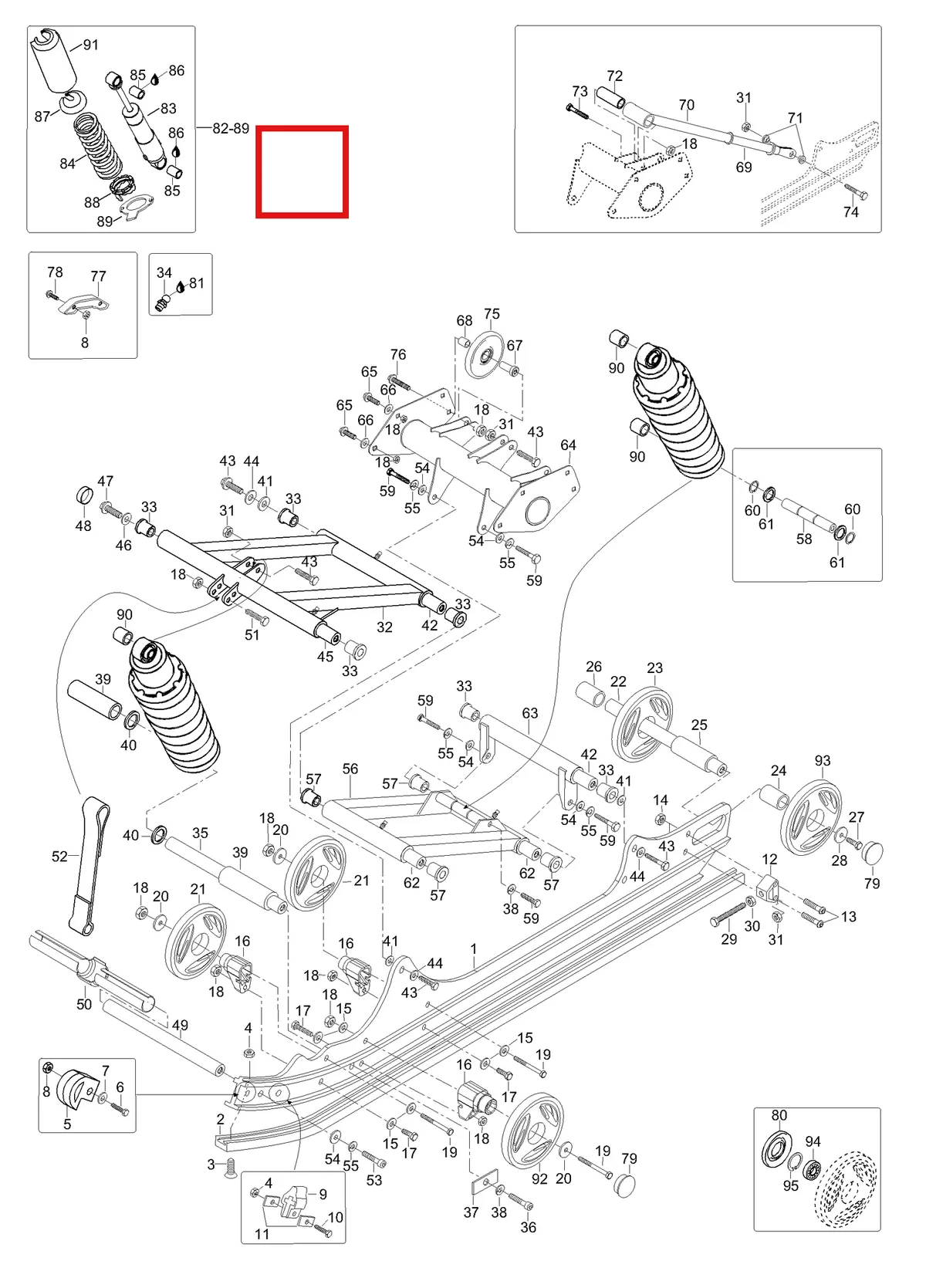 Деталь 605348906 (Деталь Shock Assy, Rear. Includes Items 82 Thru 89) на схеме узла 08- Rear Suspension