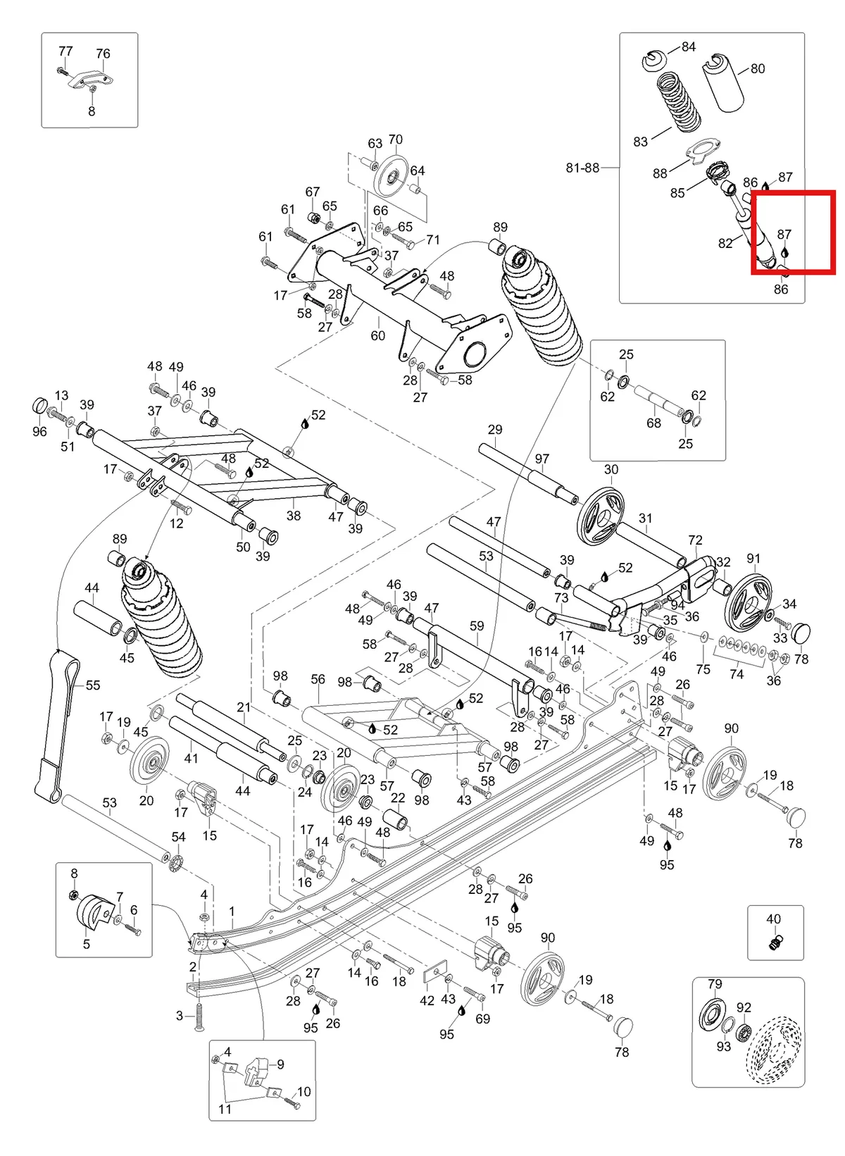Деталь 605348907 (Деталь Shock Assy, Rear. Includes Items 81 Thru 88) на схеме узла 08- Rear Suspension