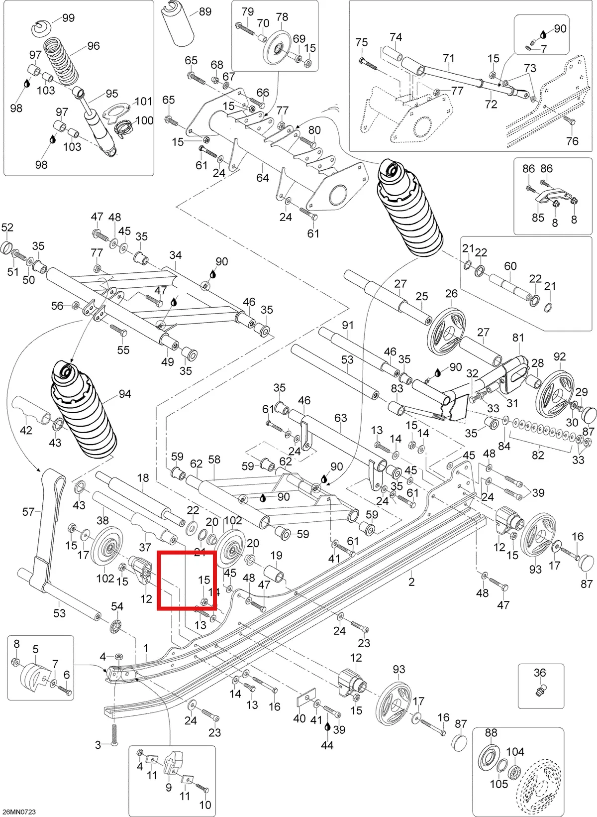 Деталь 605348908 (Деталь Shock Assy, Front. Includes Items 87 Thru 93) на схеме узла 08- Rear Suspension