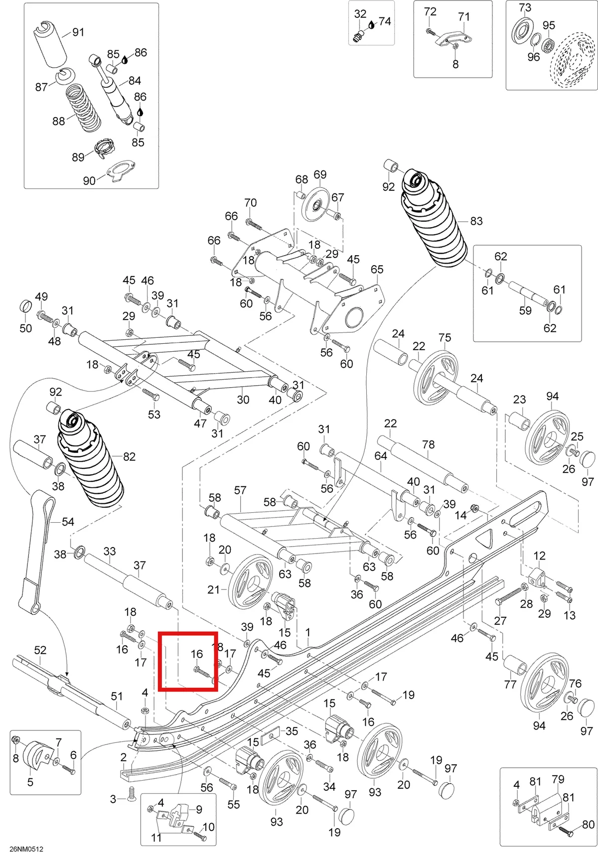 Деталь 605348956 (Деталь Shock Assy, Front Arm. Includes 80 To 86) на схеме узла 08- Rear Suspension