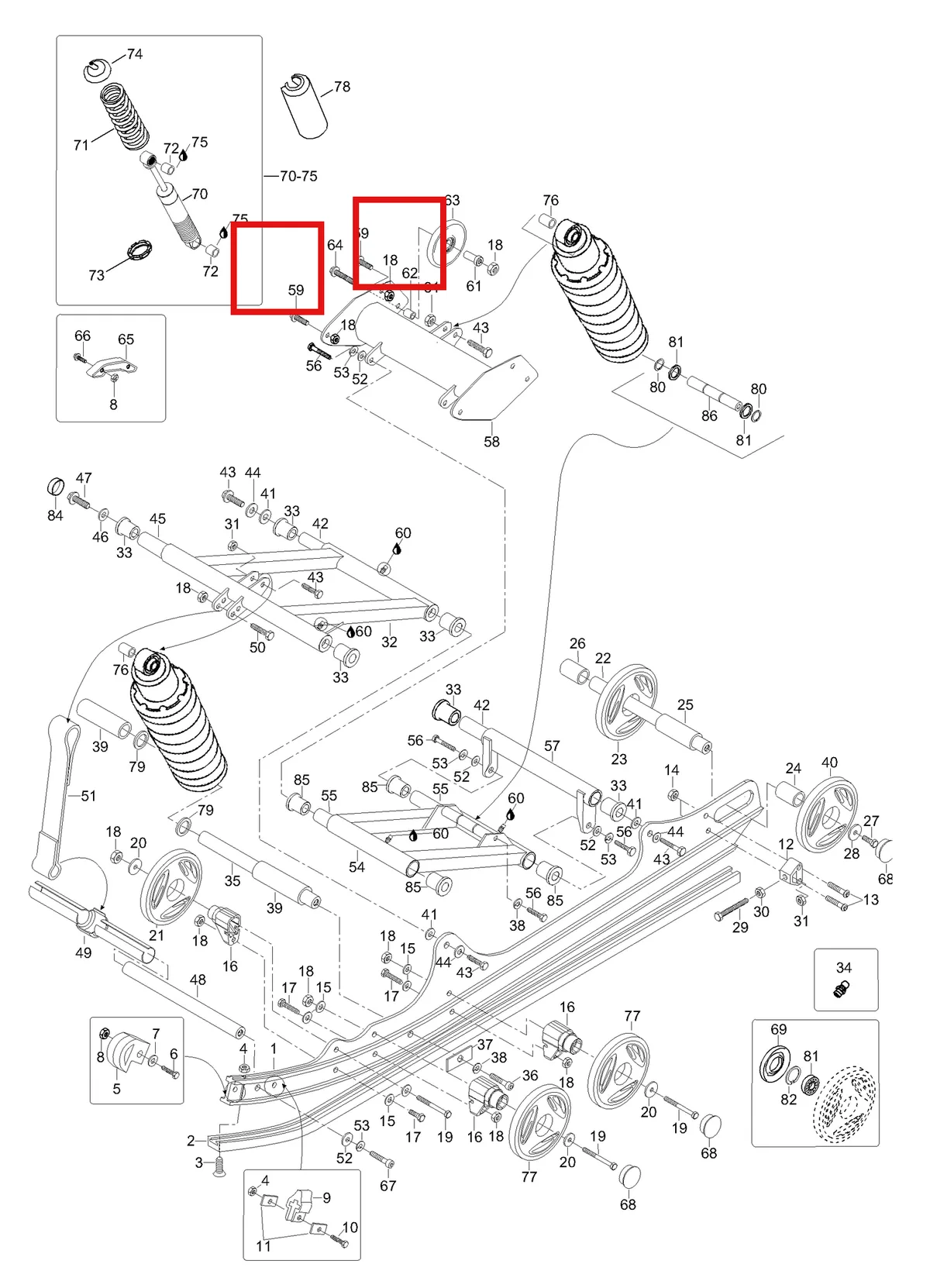Деталь 605348999 (Деталь Shock Assy, Rear. Includes Items 70 Thru 75) на схеме узла 08- Rear Suspension