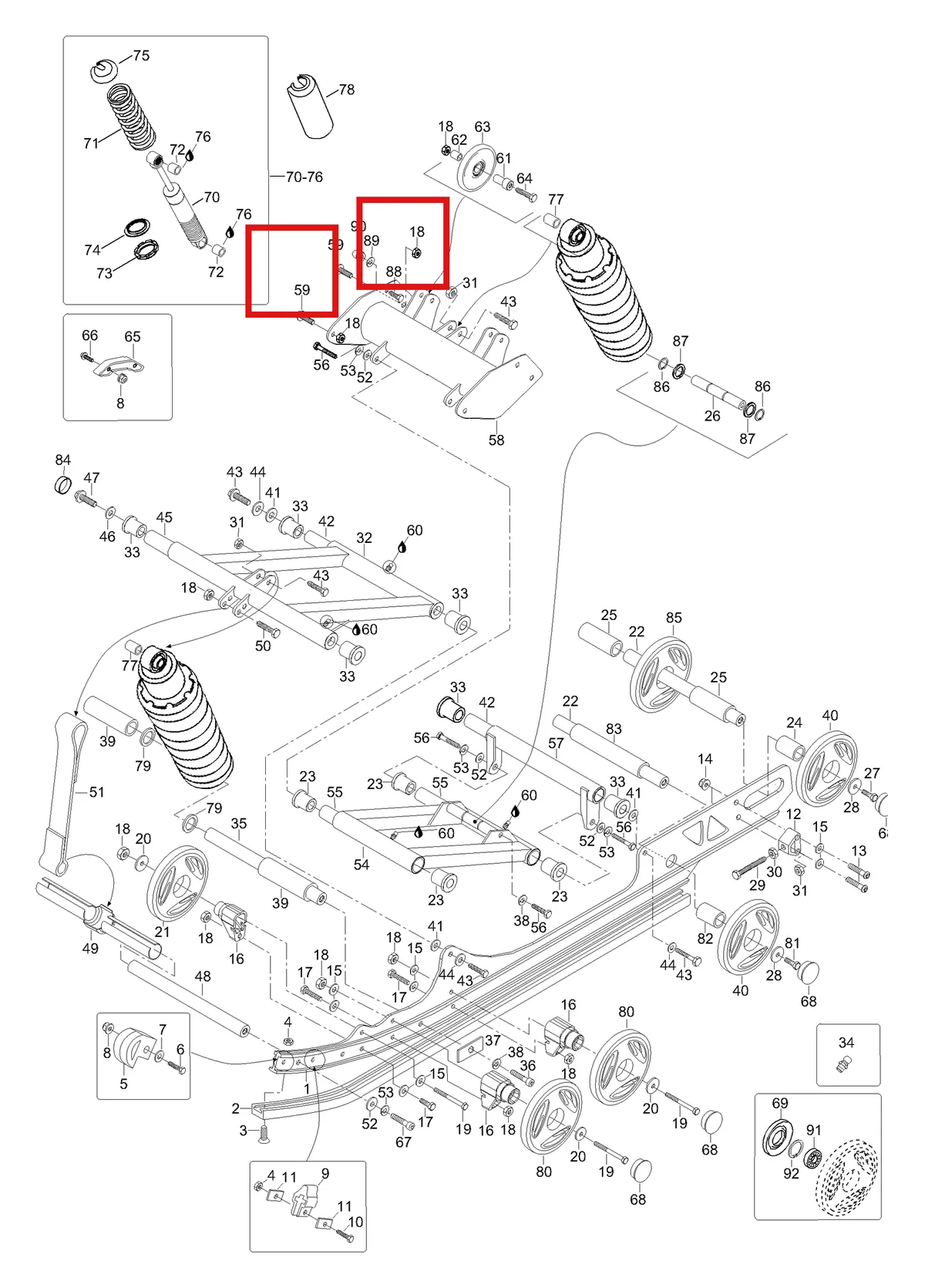 Деталь 605349110 (Деталь Shock Assy, Rear Arm. Includes Items 70 Thru 76) на схеме узла 08- Rear Suspension