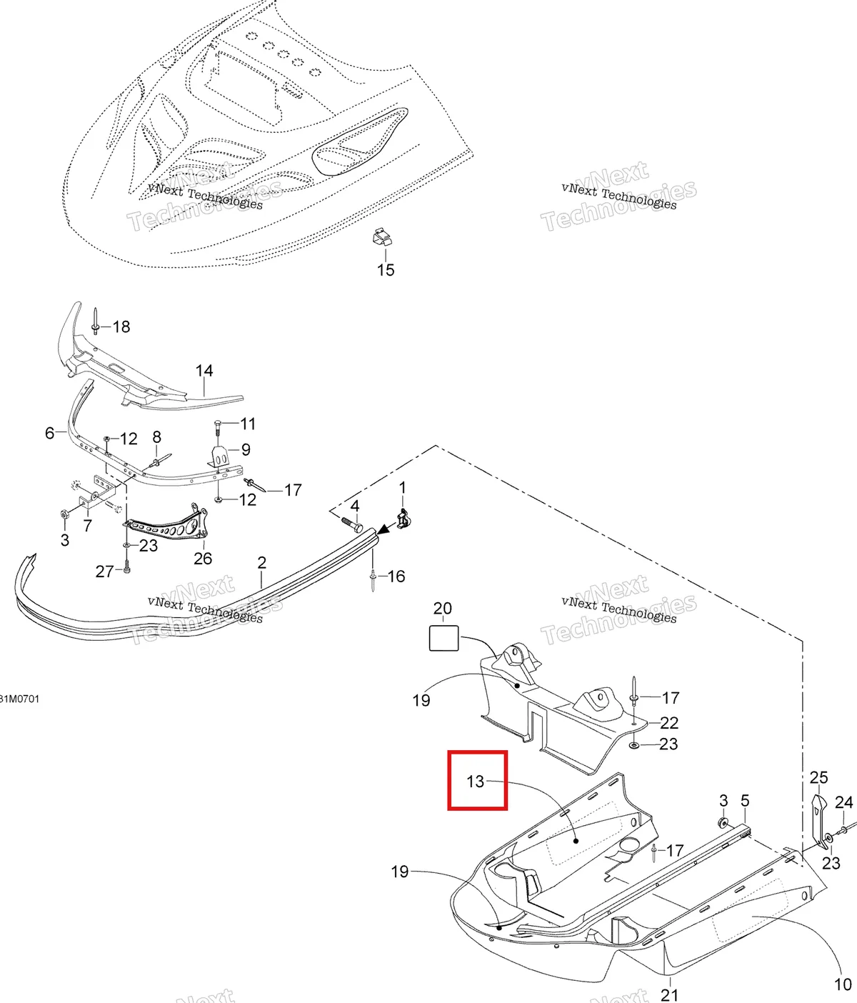 Деталь 605349175 на схеме узла 2007 Ski-Doo Skandic SUV 550F Bottom Pan 550F Suv
